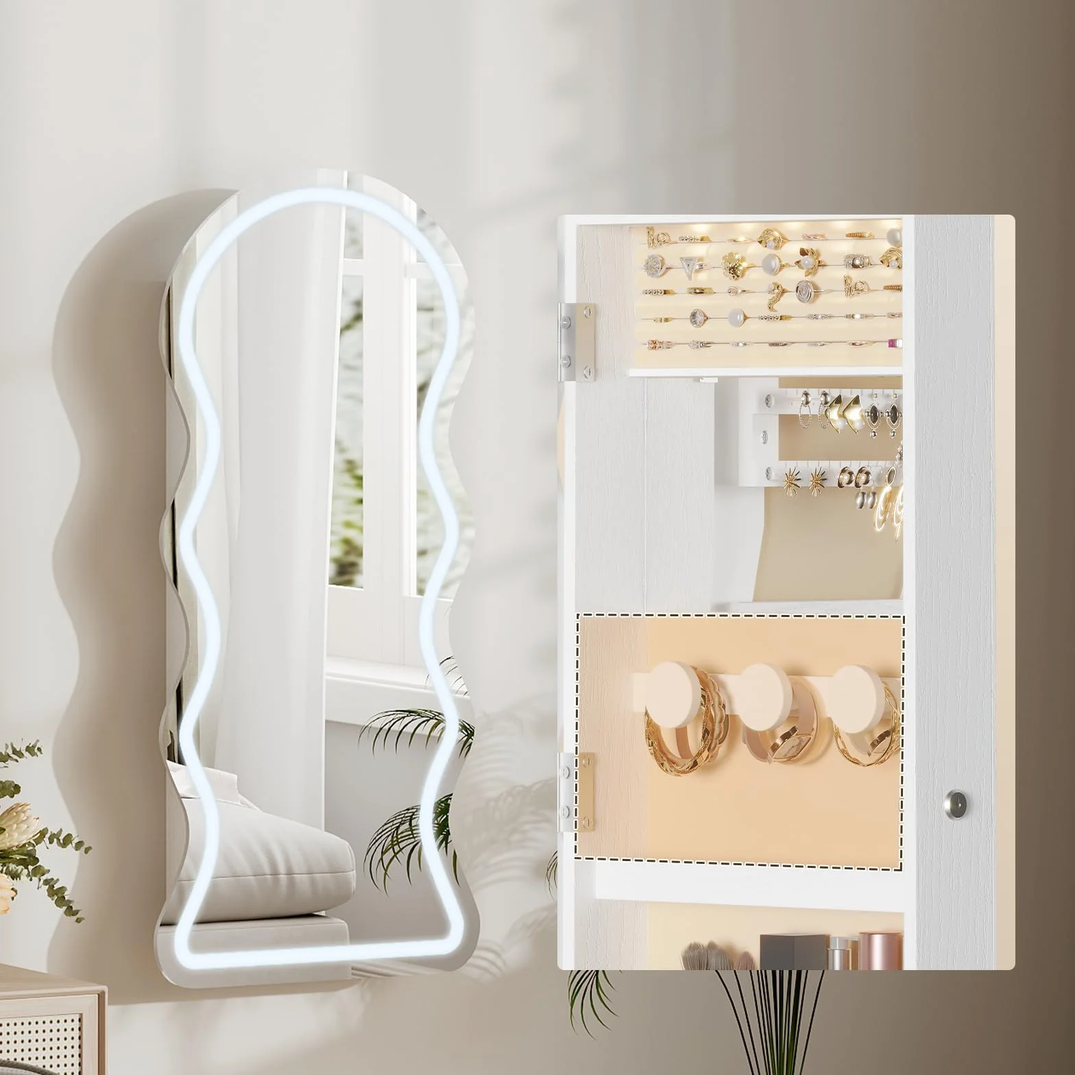 HOOBRO Armario Joyero de Pared con Iluminación LED y Espejo, Cerradura, Puerta Abatible, Blanco EWT08CDJC04