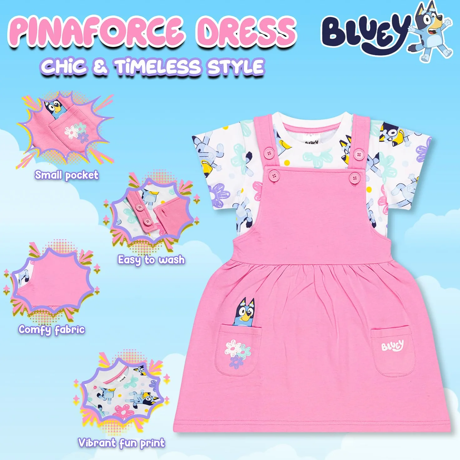 Bluey Conjunto de vestido y camiseta para niñas Rosa con bolsillos Algodón suave