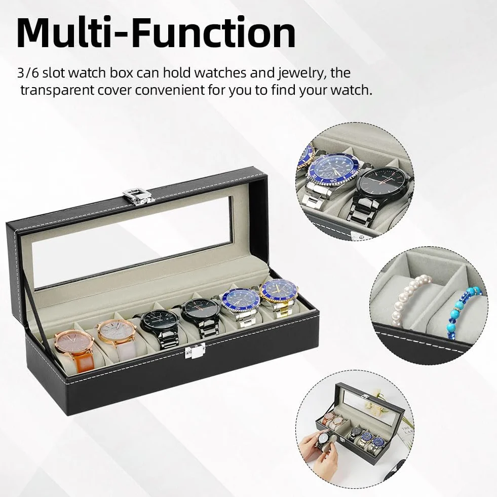 OFFCUP Caja de Relojes con 6 Compartimentos, Piel, Tapa de Cristal y Cojín Extraíble, Regalo para Hombres y Mujeres (Negra)
