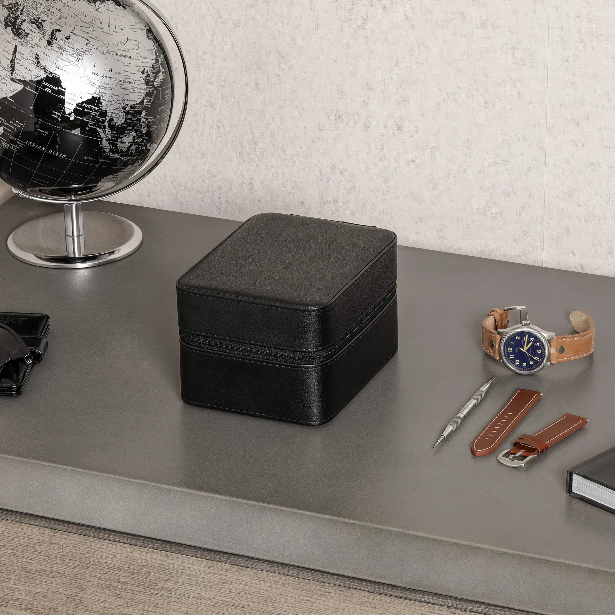 ROTHWELL Estuche organizador de viaje para 5 relojes, resistente, portátil, con cremallera, hasta 50 mm