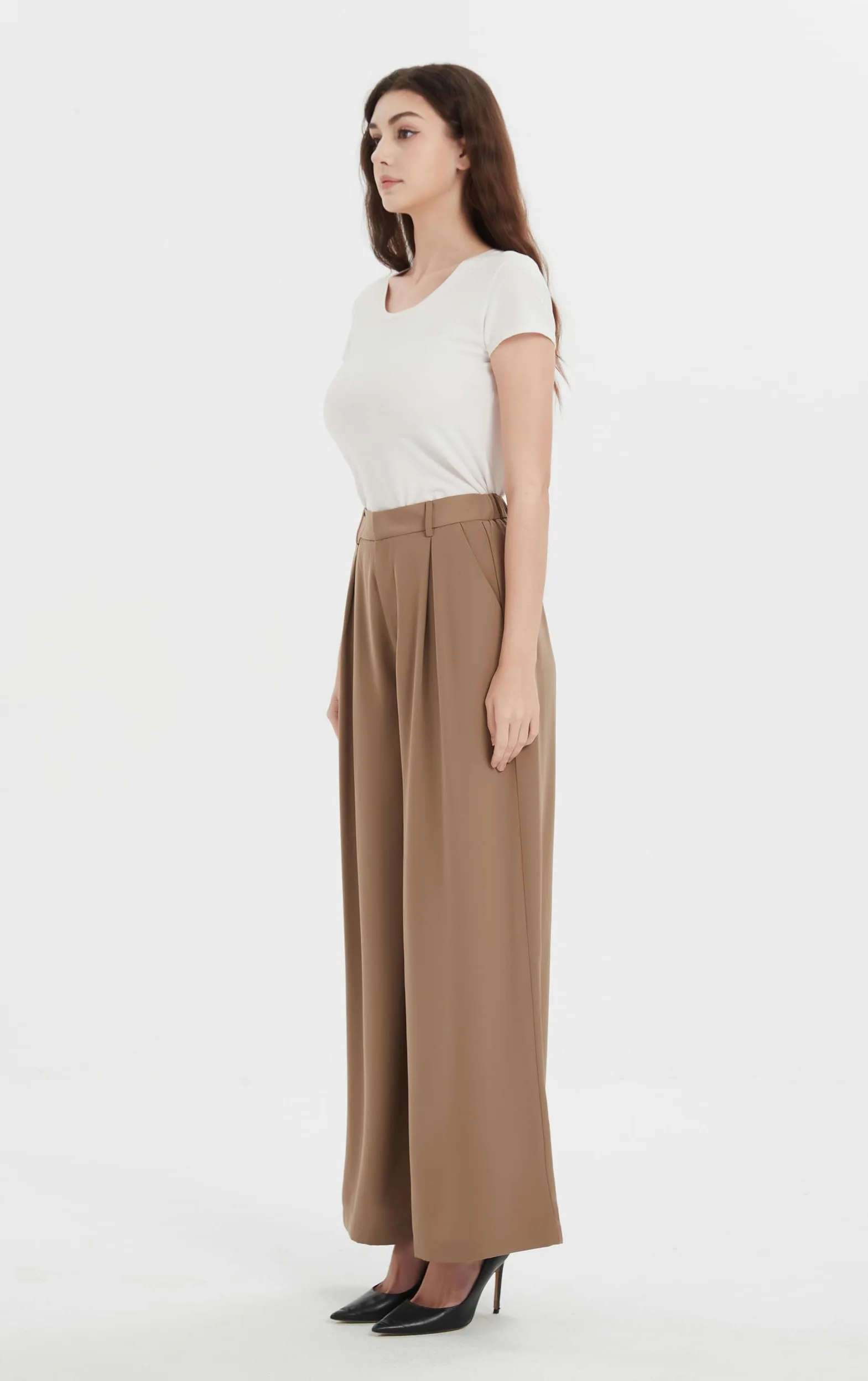 Tronjori Mujeres Pantalones Cintura Alta Casual Pierna Ancha Plisados Delanteros Pantalones con Bolsillos Laterales para Ocio Trabajo Oficina