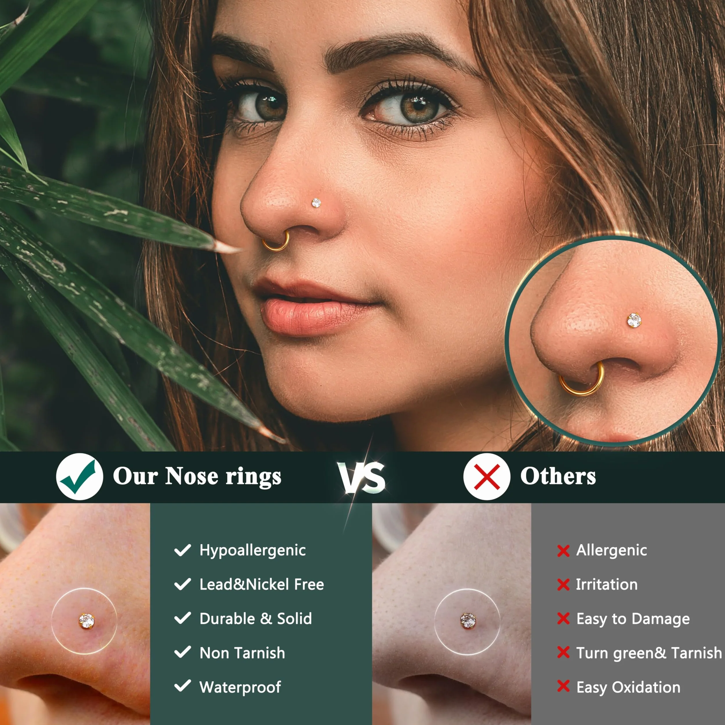 FIOROYAL 20G Piercing Nariz Oro Plata L Forma Espiral Acero Quirurgico 18G Clicker Aro 6/8/10mm Helix Nostril Pendientes
