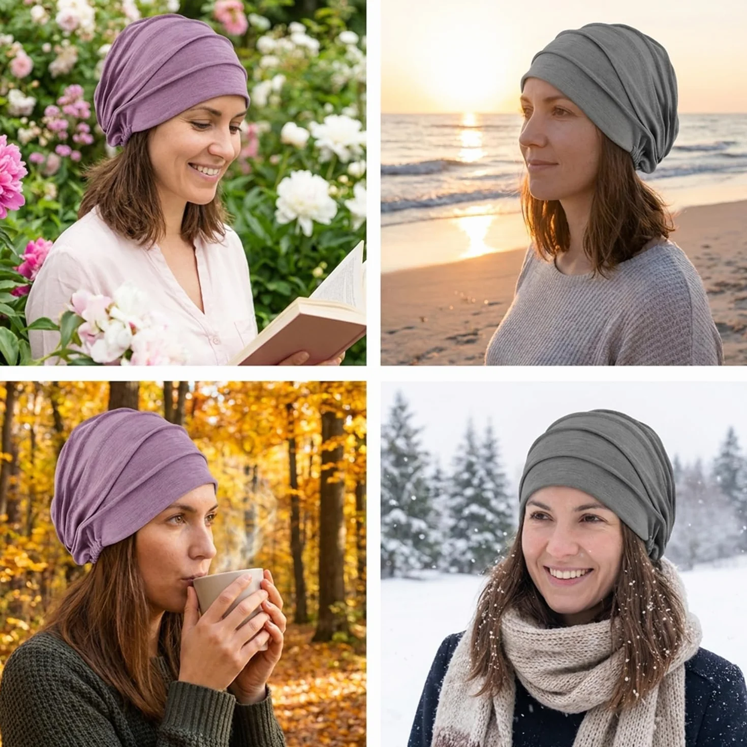 Pack de 2 Turbantes de Algodón para Mujer, Gorros Quimioterapia Transpirables, Pañuelo de Cabeza para Pérdida de Cabello (Rosa y Púrpura)