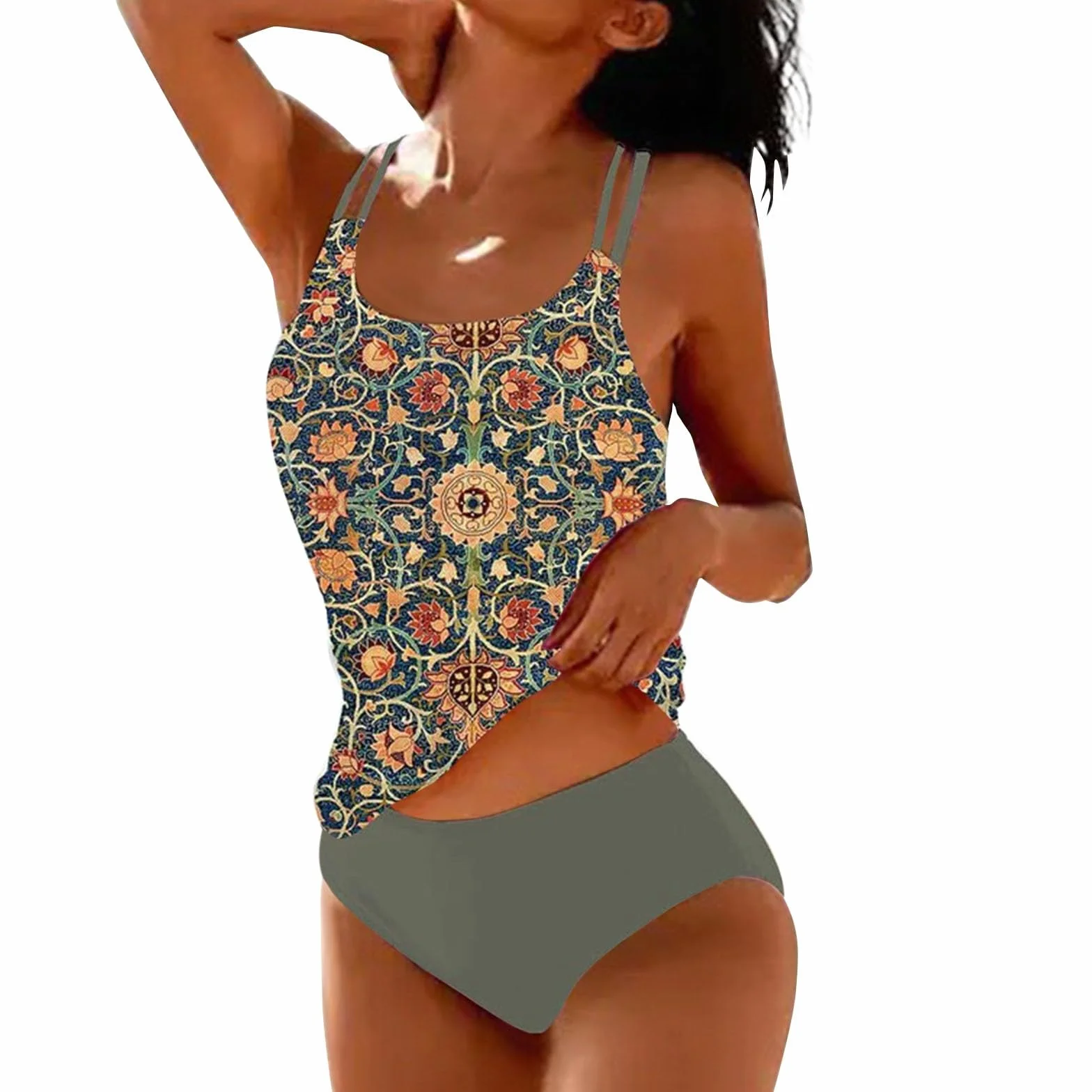 Tankinis Traje De Baño Mujer Dos Piezas Flores Impresión Swimwear Sujetador Acolchado Doble Volantes Triángulo De Copa con Tirantes De Espagueti