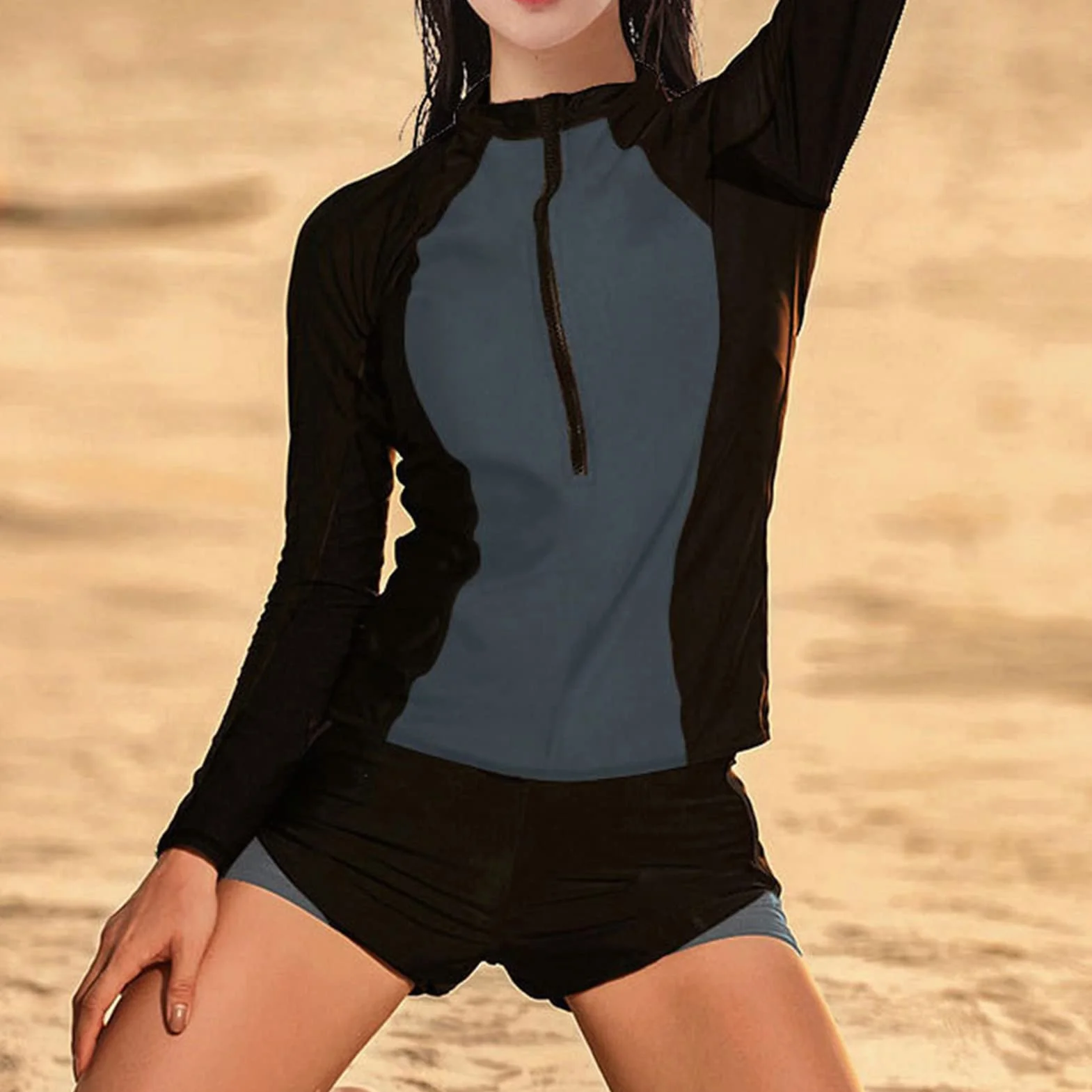 Traje de baño de dos piezas para mujer manga larga protección solar cuello redondo secado rápido deportivo