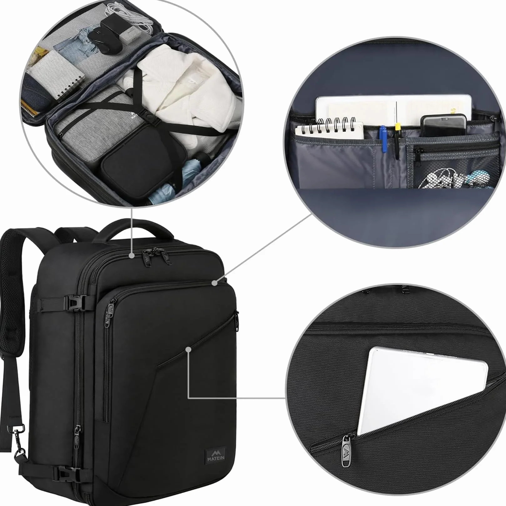 MATEIN Mochila Viaje Cabina Avion 40x30x20 Ryanair Expandible 30L Maletas Cabina 40x20x30 para Mujer y Hombre Equipaje de Mano Negro