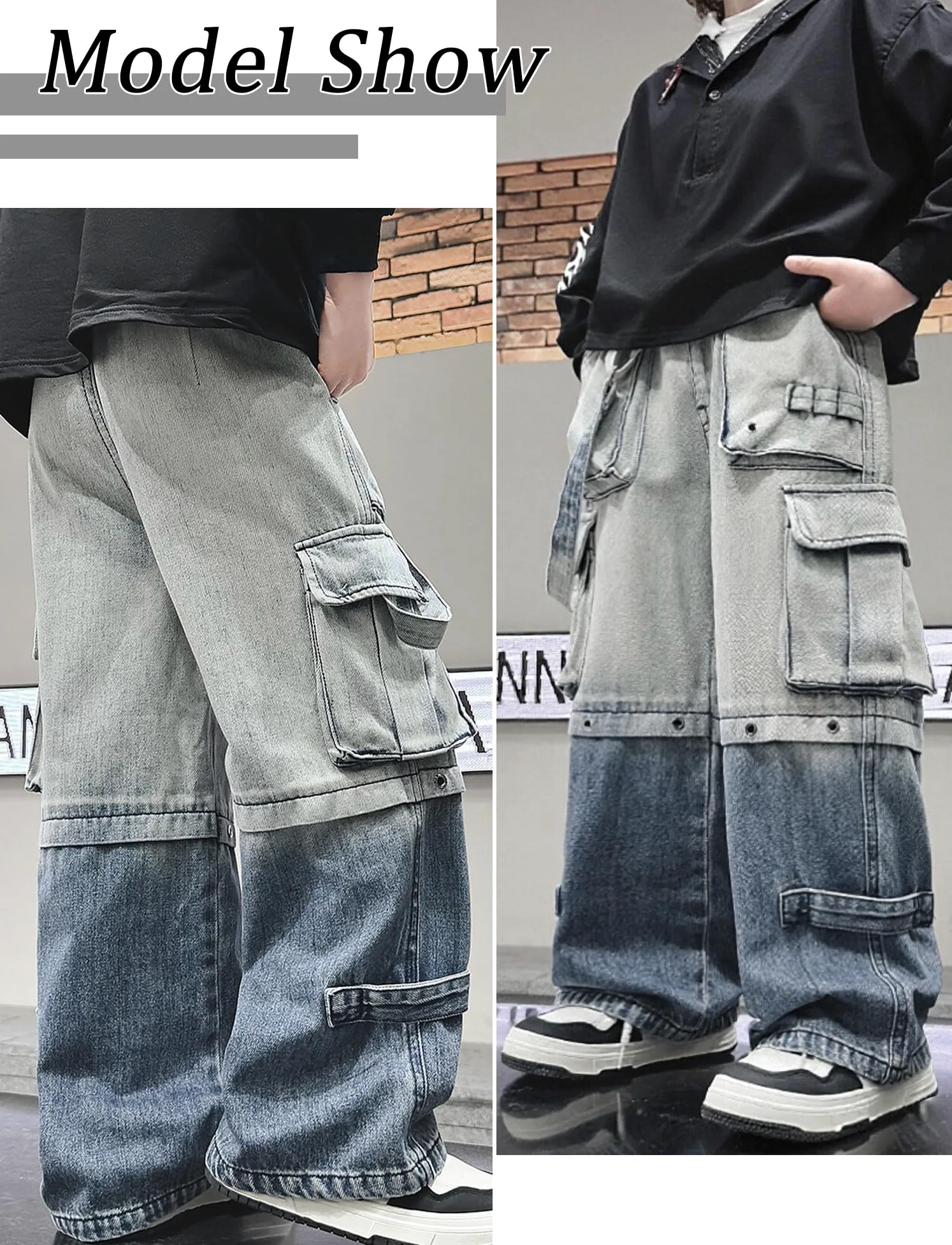 SEAUR Pantalones de mezclilla holgados para niños de 4 a 14 años, estilo cargo, pantalones holgados para adolescentes
