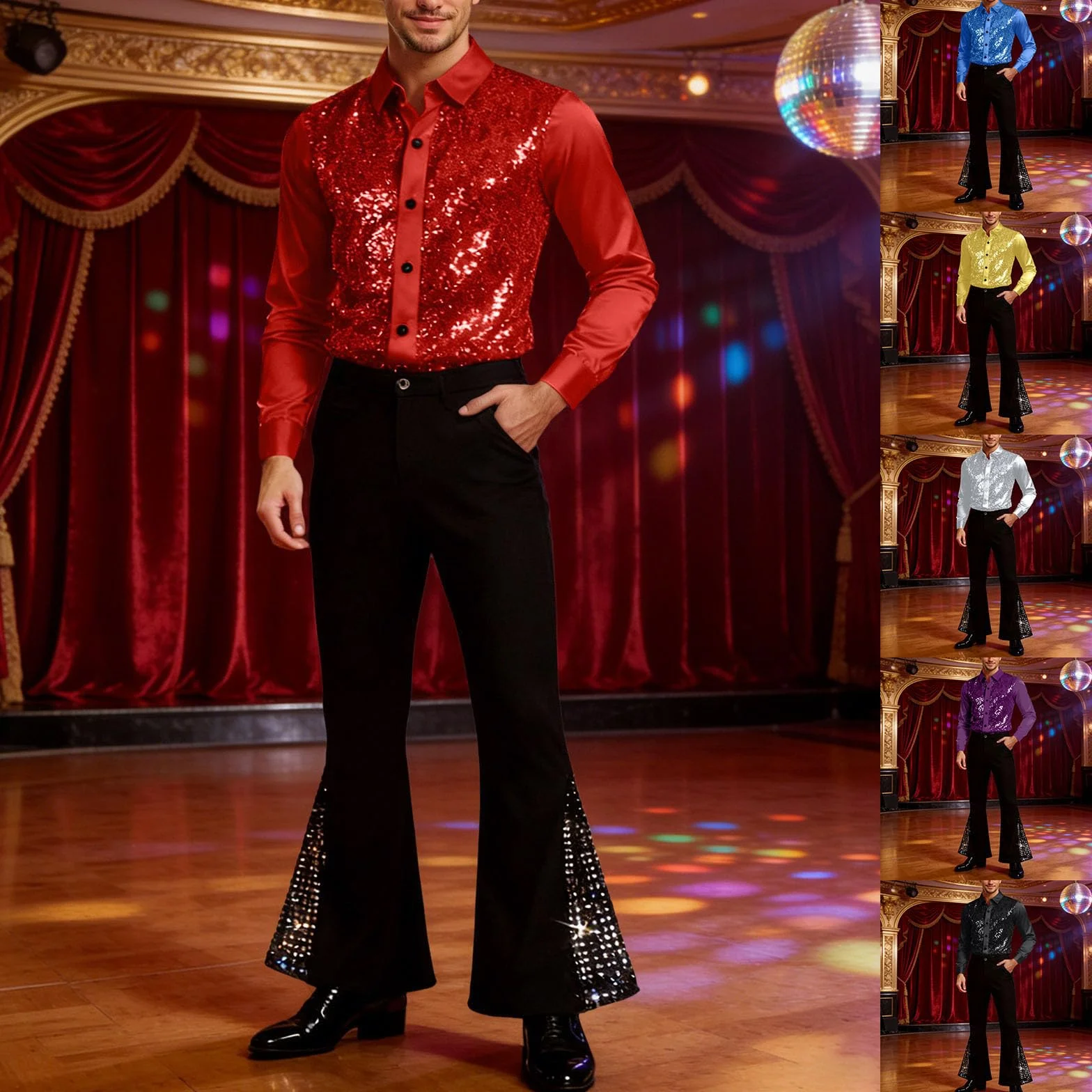 Traje de lentejuelas brillantes para hombre, camisa larga y pantalón elefante, chándal carnaval 60s Groovy baile latino
