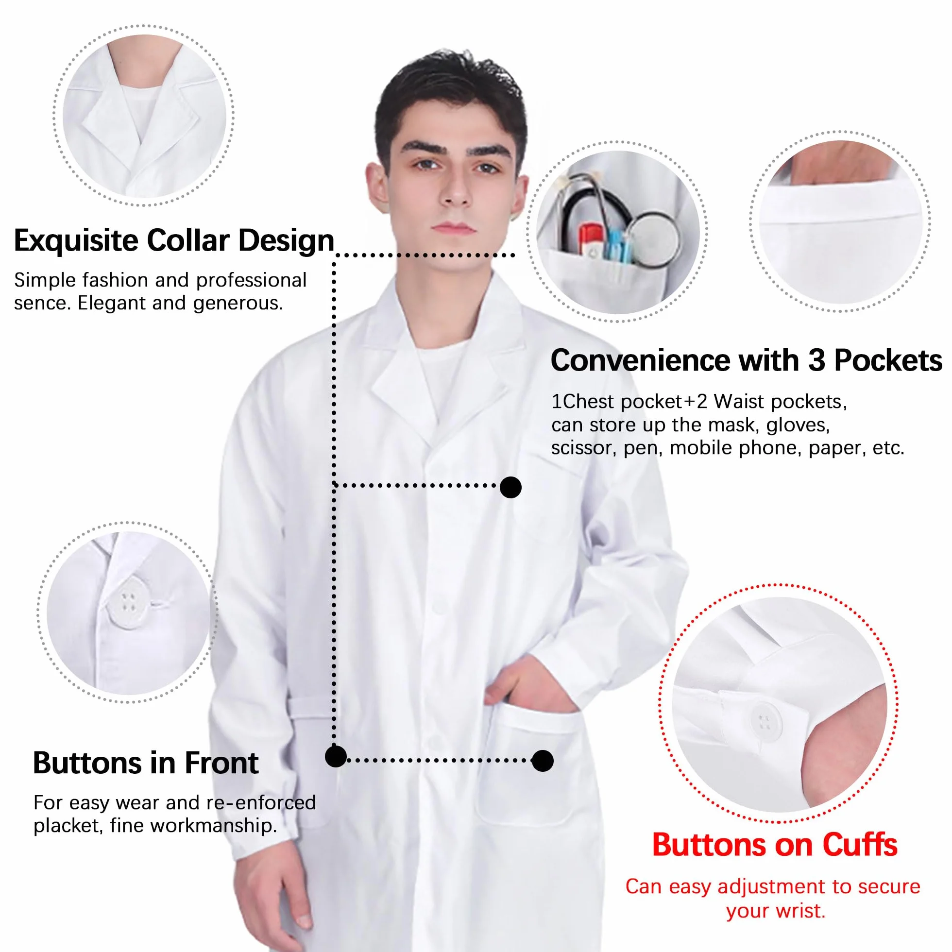 Bata de Laboratorio Médica Blanca Larga Manga Larga Uniformes Sanitarios con Bolsillos y Botones