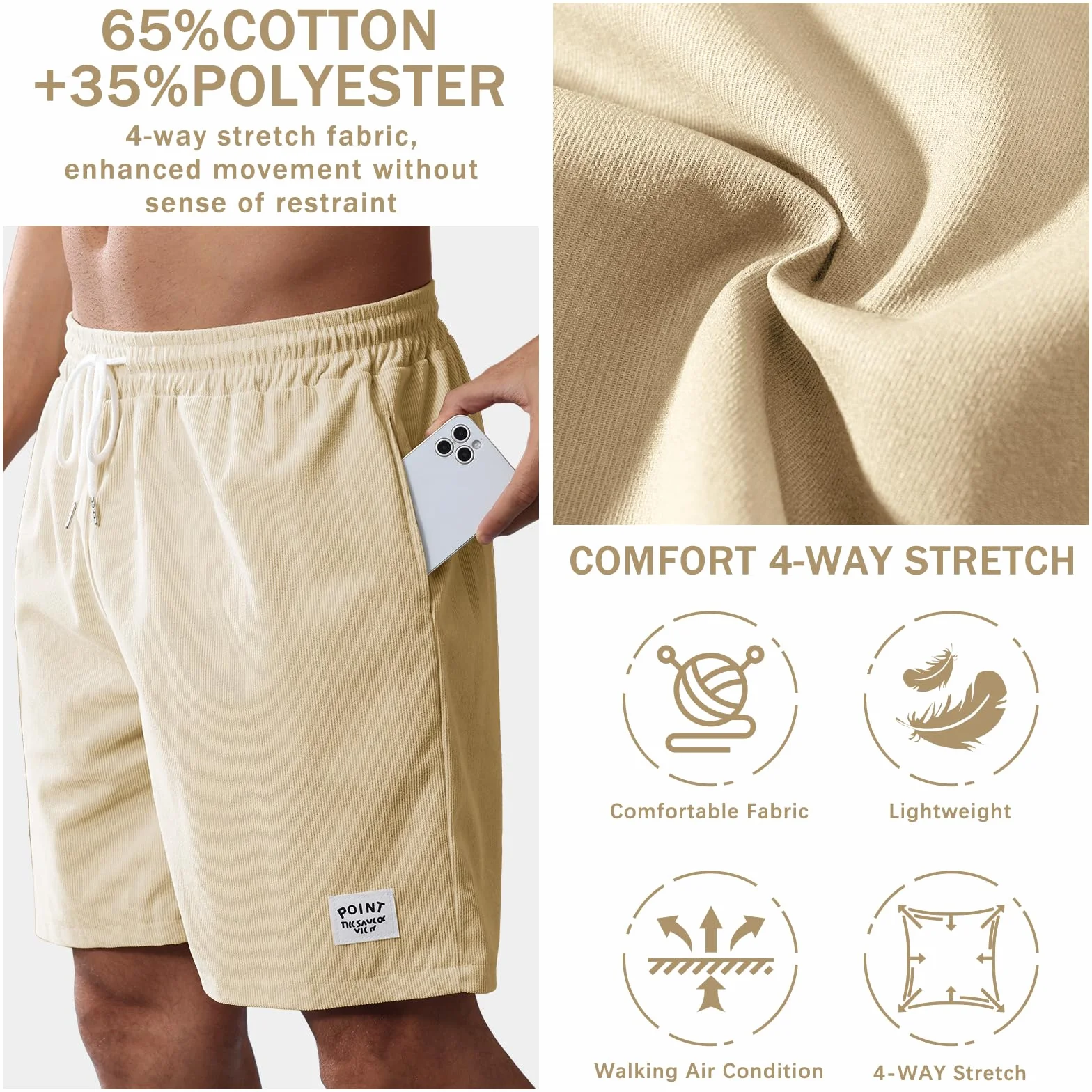 Pantalones Cortos Hombre Algodon Pana Casual Shorts con Bolsillos