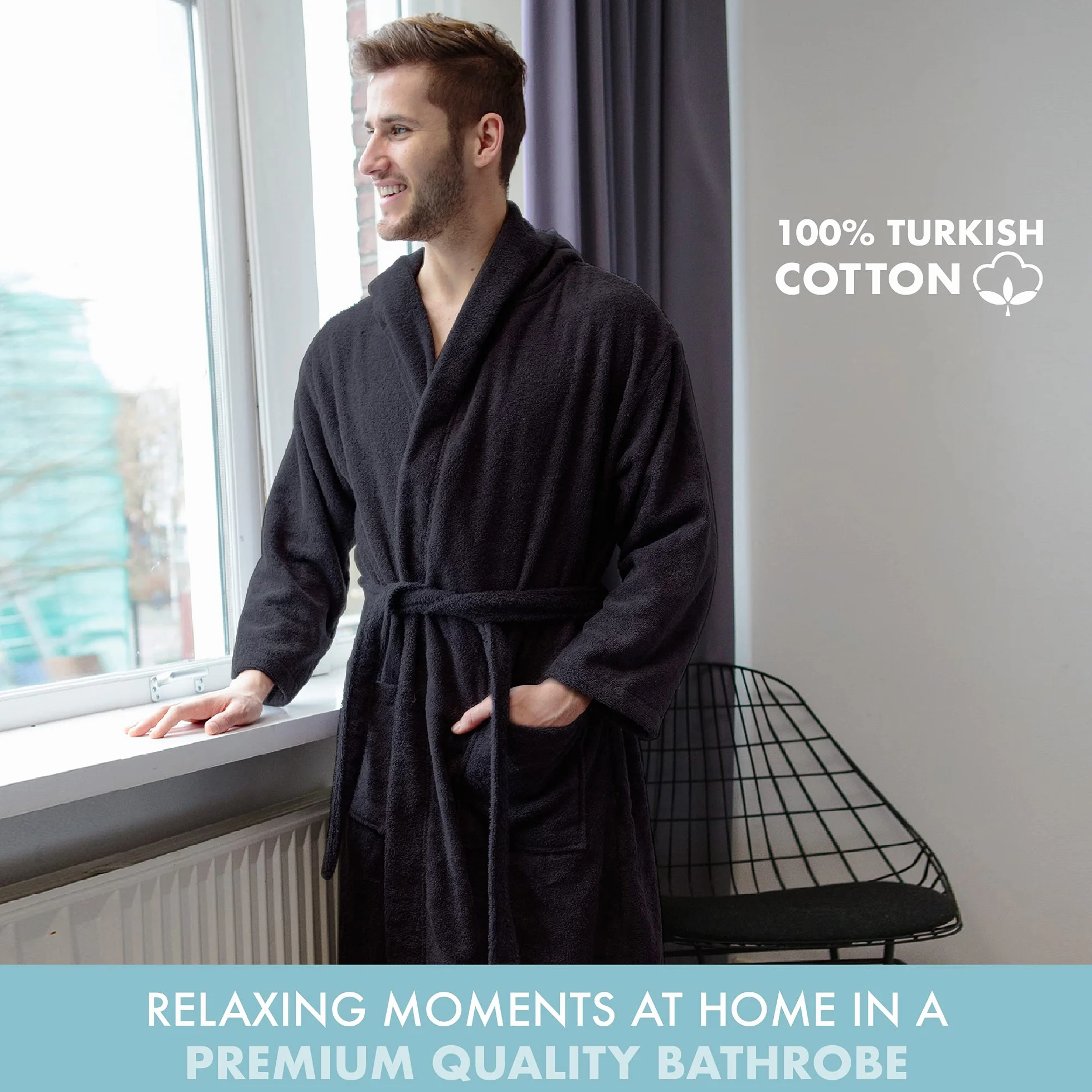 Twinzen Albornoz Hombre Ducha Capucha 100% Algodon OEKO-TEX Bata Adulto Baño 2 Bolsillos Cinturón