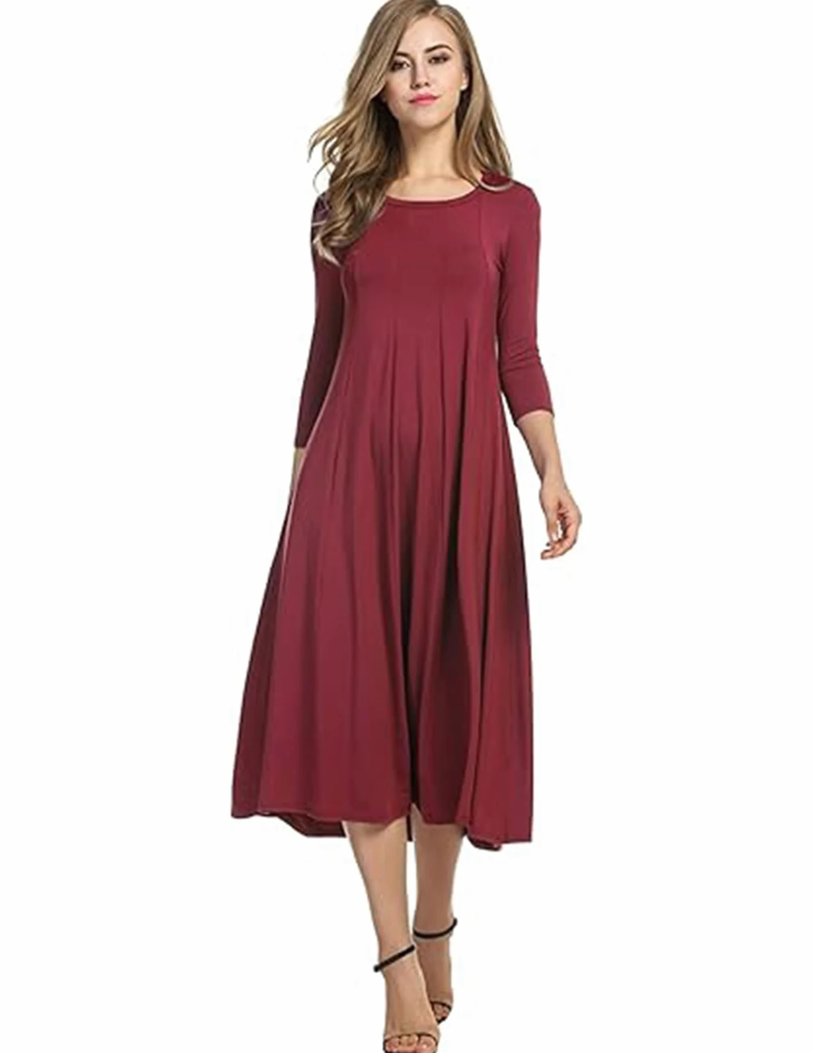 Hotouch Vestidos de verano para mujer, elegante, túnica, cuello redondo, manga 3/4, vestido de línea A, clásico, vestido midi con bolsillos, S-XXL