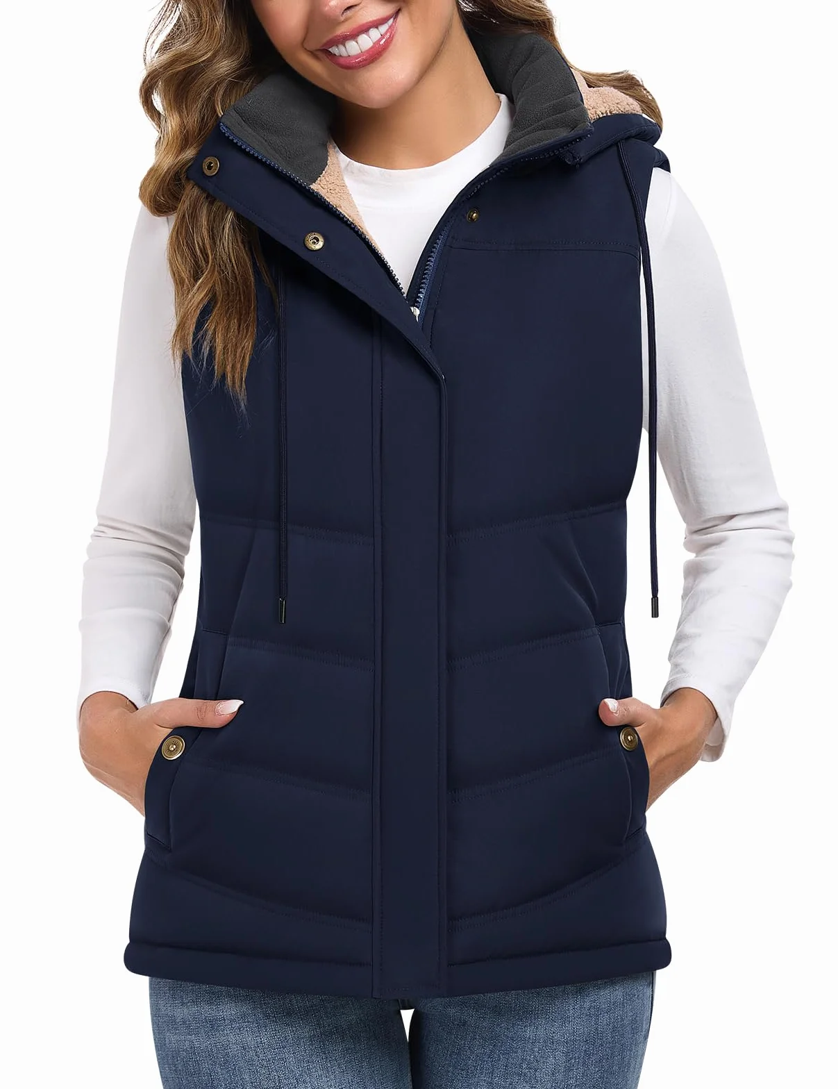Chaleco Mujer Invierno Térmico Acolchado Chaqueta sin Mangas Forro Polar con Capucha Bolsillos