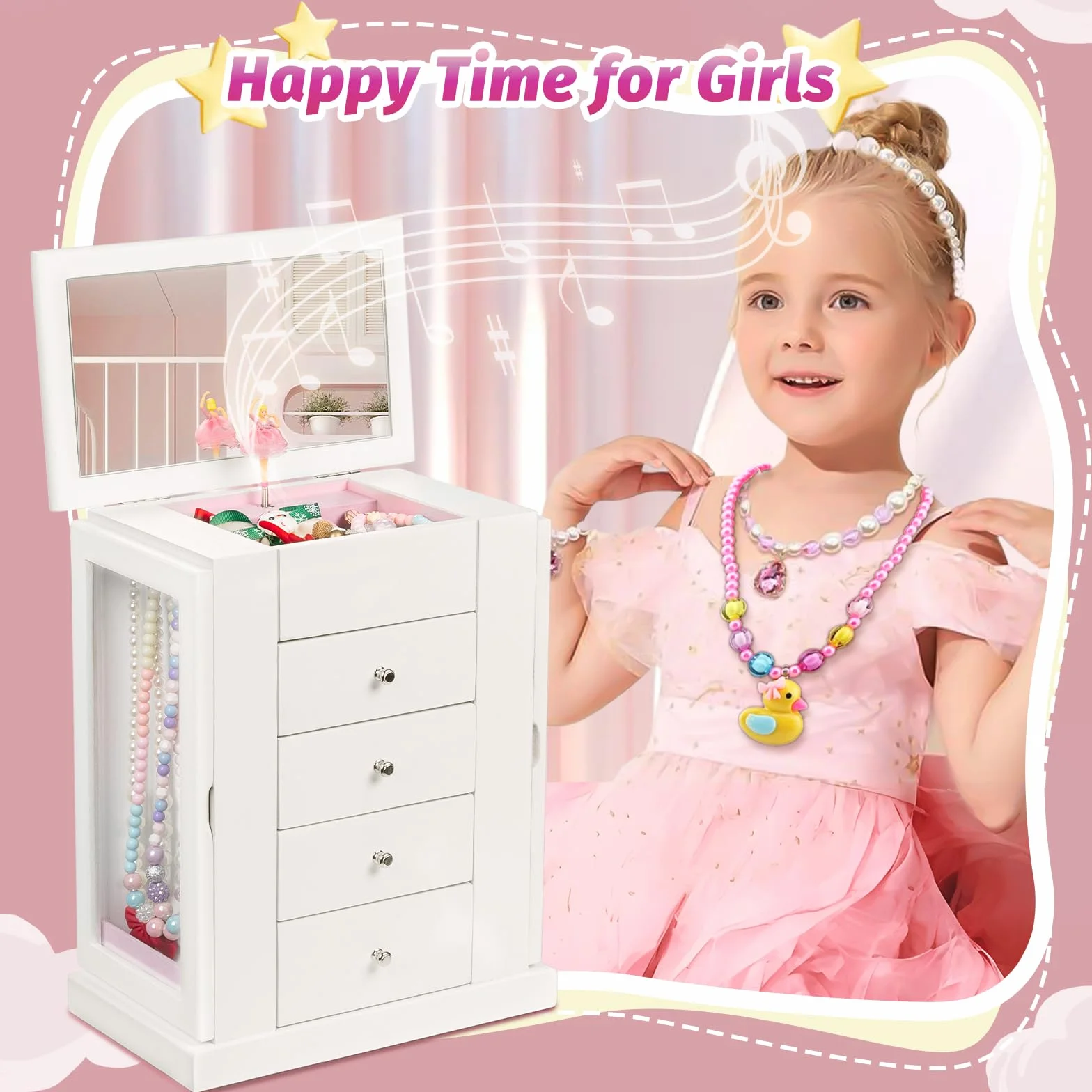 Joyero Musical Niña Madera Bailarina Giratoria 5 Niveles Regalo Blanco