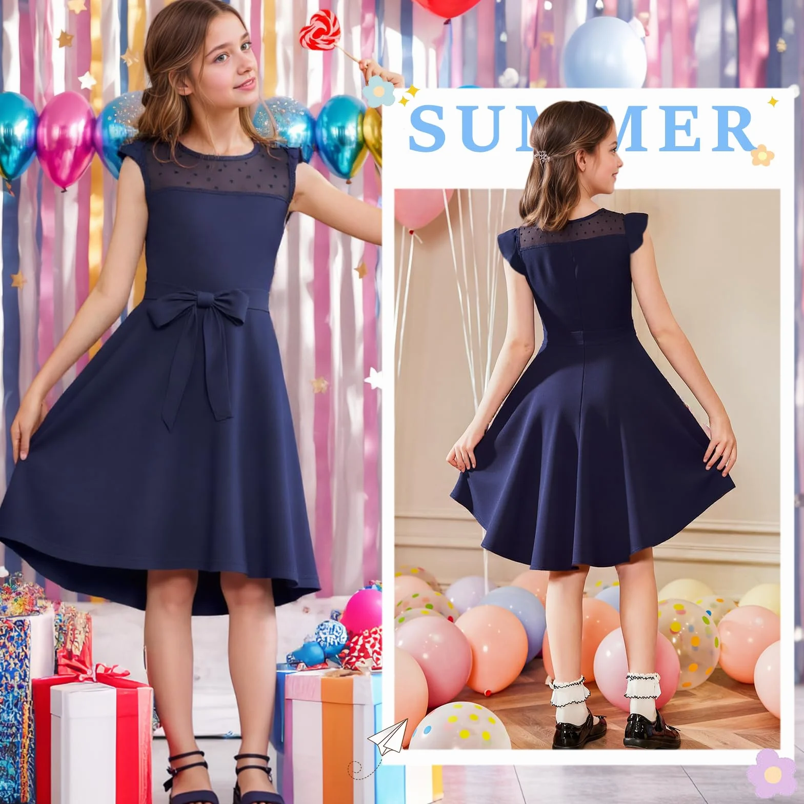 Vestidos de Verano para Niñas Elegantes Sin Mangas Cuello Redondo 6-15 Años