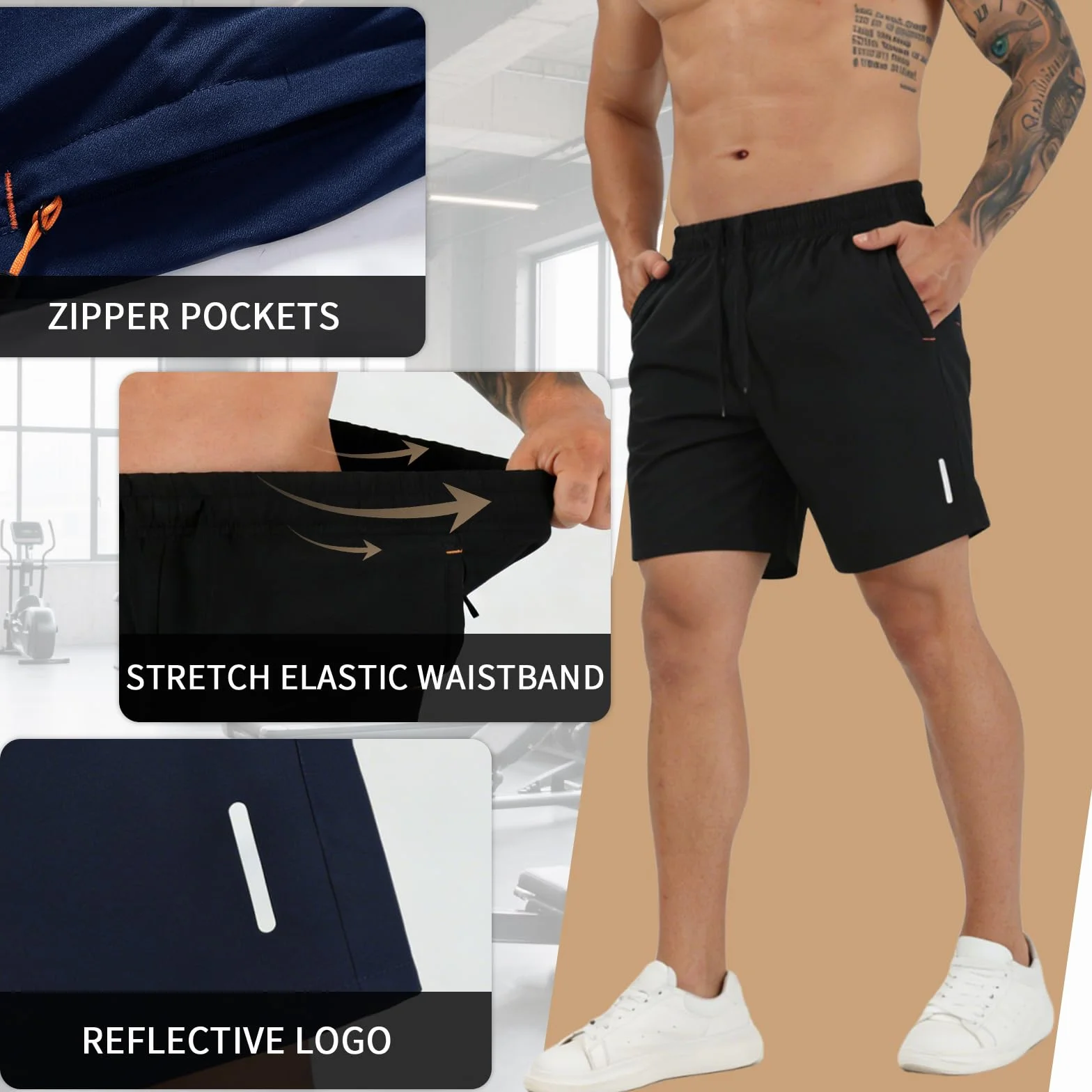 SHAGGA Paquete de 3 Pantalones Cortos de Gimnasio para Hombre, Ligeros, Secado Rápido, 7" Entrepierna Corta con Bolsillos Cremallera