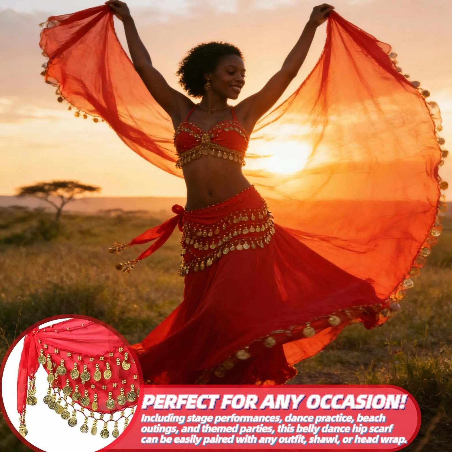 Cinturón Danza del Vientre Mujer con 90+ Monedas Falda Bufanda Baile Oriental 140 cm