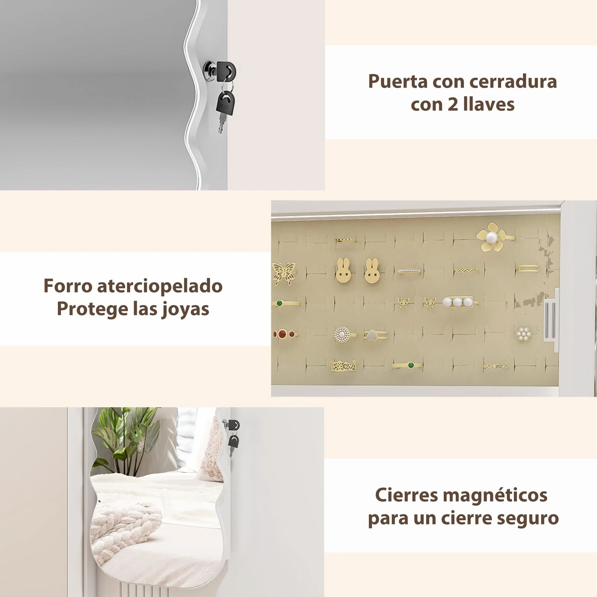 HOMCOM Espejo Joyero con Luz LED 3 Colores, Armario para Joyas Montado en Pared, Espejo Entero, Blanco