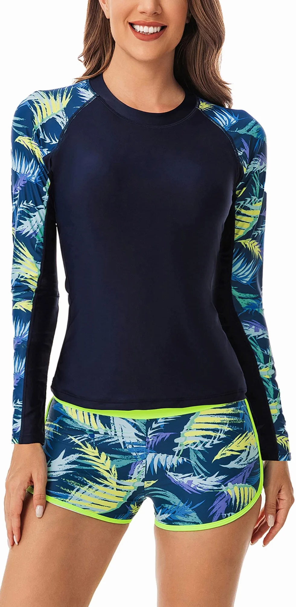 SEAUR Traje de baño floral de dos piezas para mujer, camisa de manga larga con cremallera completa, traje de surf con parte inferior corta