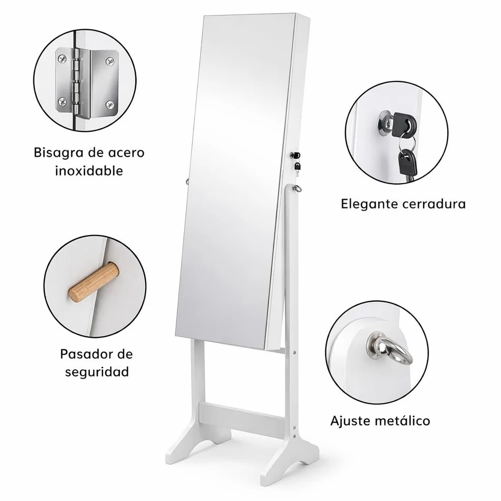 Espejo Joyero de Pie con Cerradura 155x41x37cm Armario Organizador