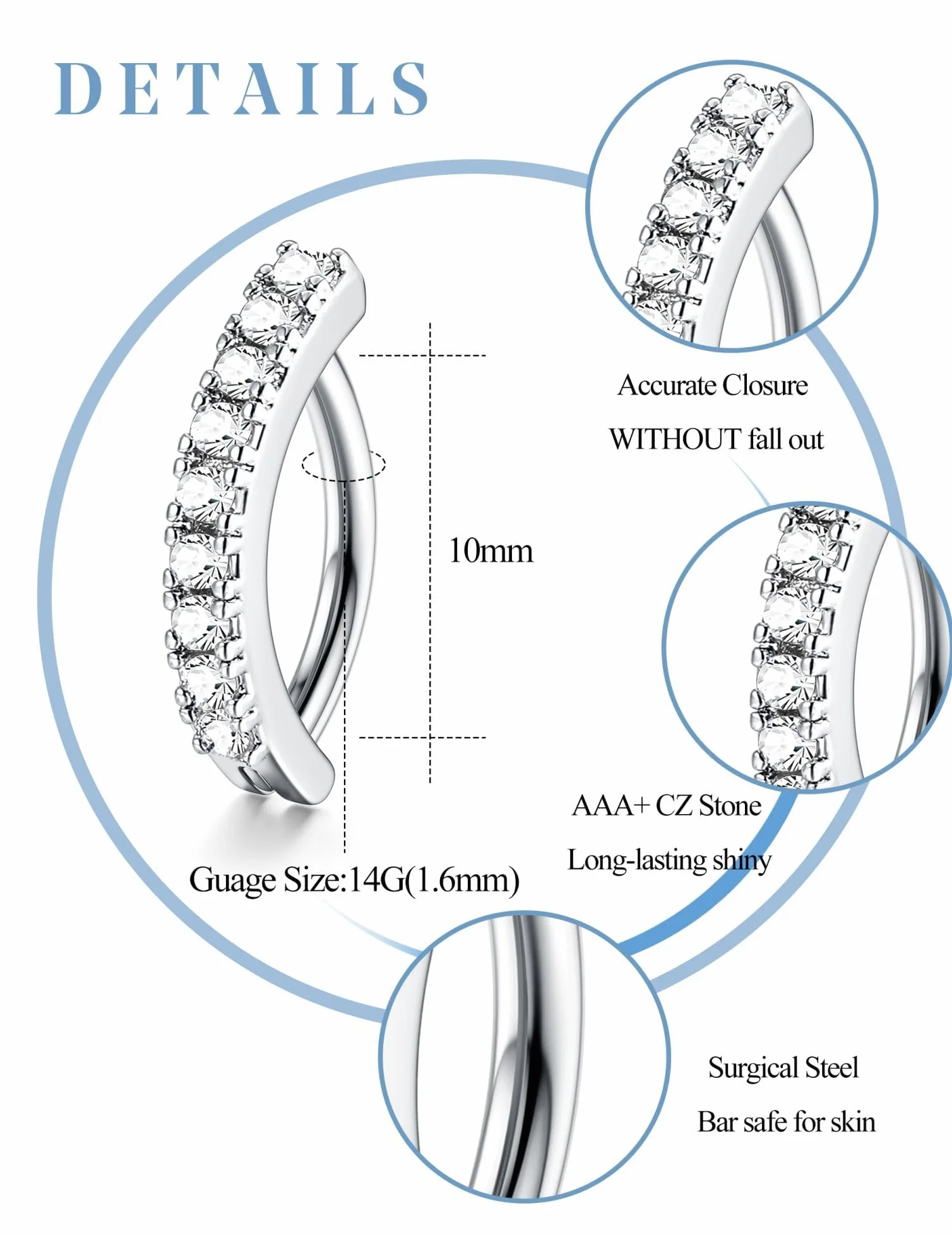 FIOROYAL 6 Piezas Piercings Ombligo Mujeres 14G Acero Quirurgico CZ Clicker