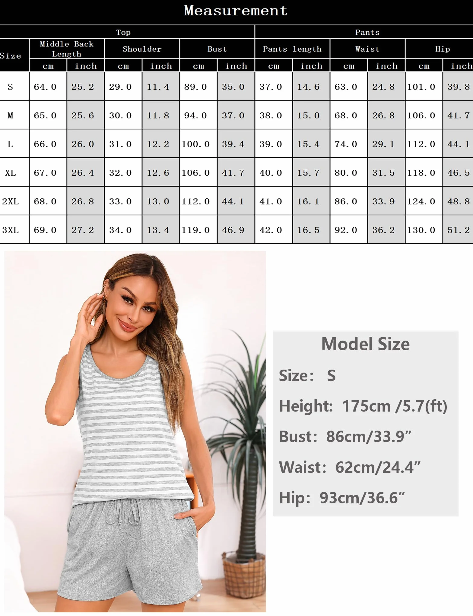 Pijama Mujer Verano Corto Algodón 95% Camiseta Tirantes Rayas Pantalón Corto Liso Conjunto 2 Piezas S-XXL