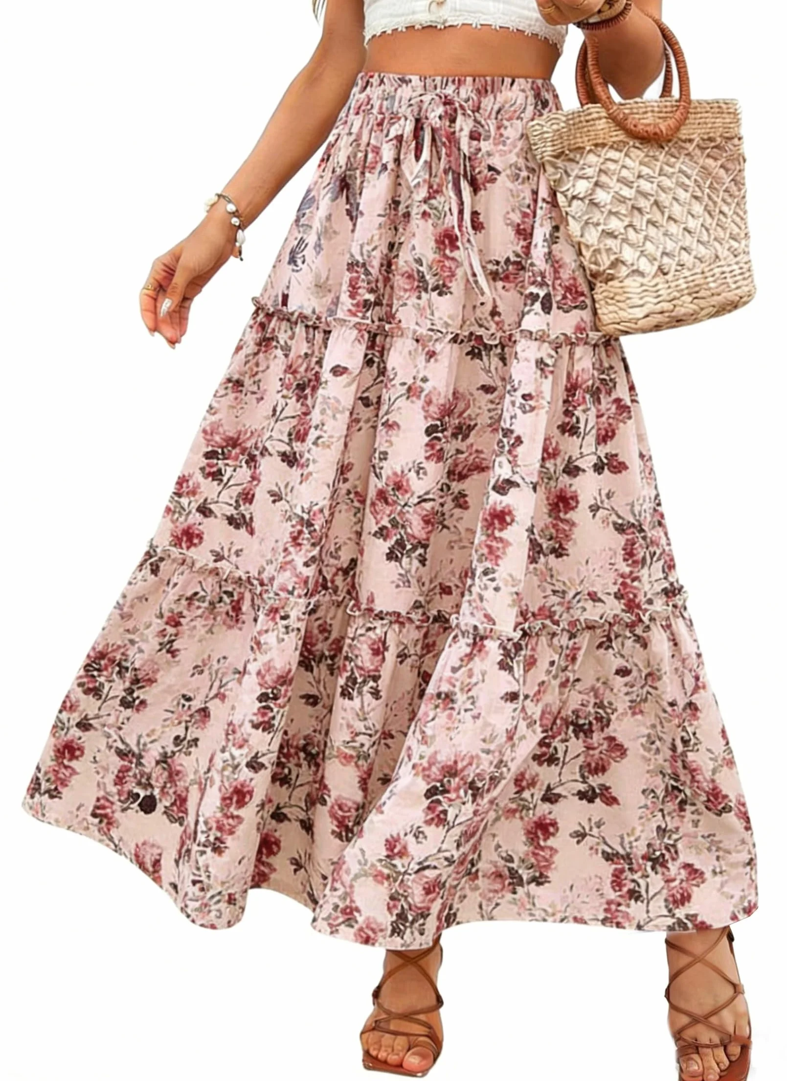 Falda Larga Cintura Alta Elegante Maxi con Bolsillos A-línea Elástica Bohemio Playa Verano