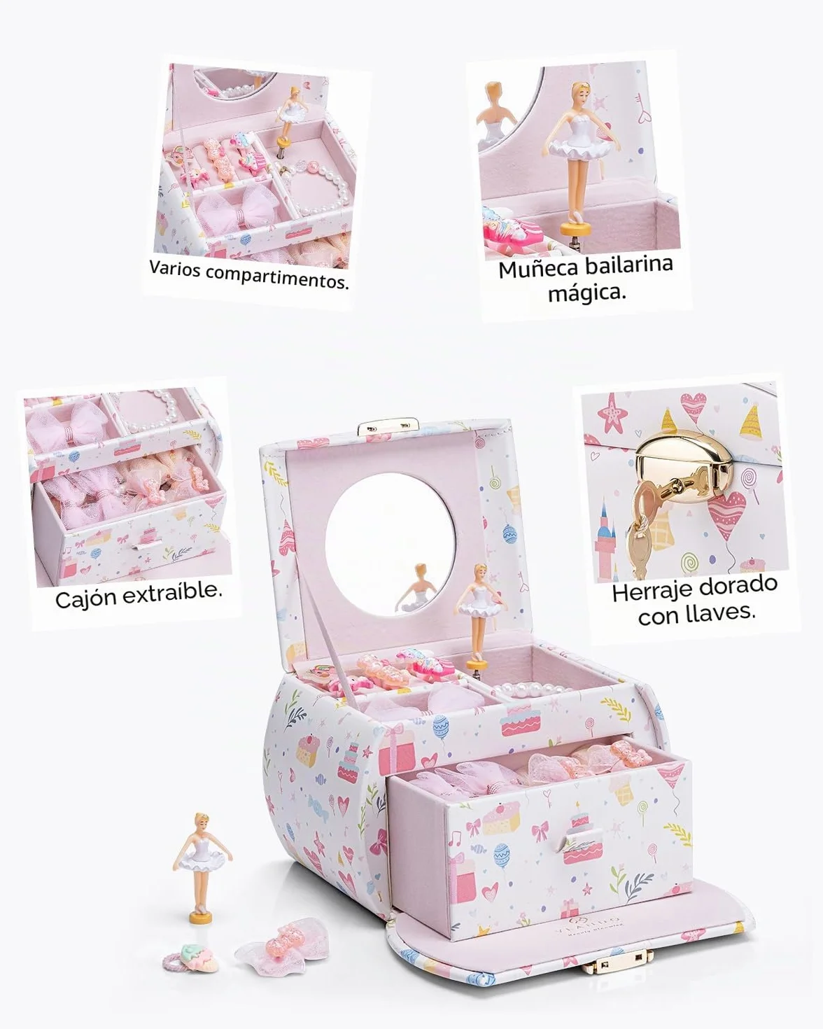 VLANDO Caja de música joyero para niñas con cajones, regalo cumpleaños 6-8 años, bailarina cuero melodía canon