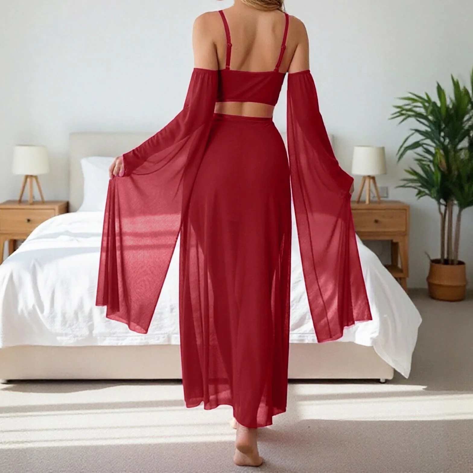 Disfraz Danza del Vientre Vestido Largo Transparente Malla Lentejuelas