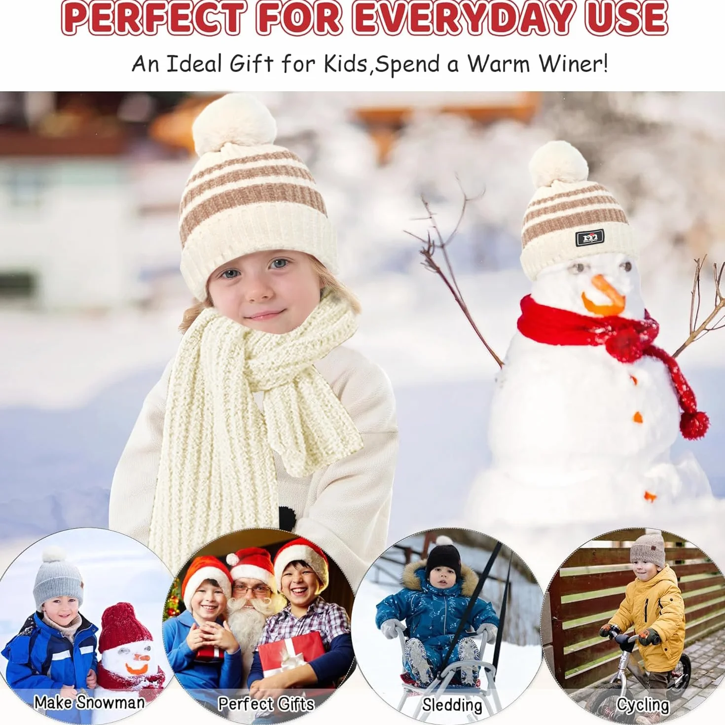 JFAN 3in1 Conjunto de Gorro Guantes y Bufanda de Invierno para Niños Térmico con Pompon Chenille 1-5 Años