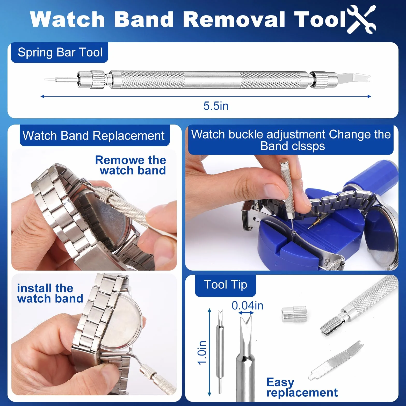 Kit Reparacion Reloj para Ajustar y Acortar Correas, Quitar Eslabones, Pasadores Resorte, Punzón Acero