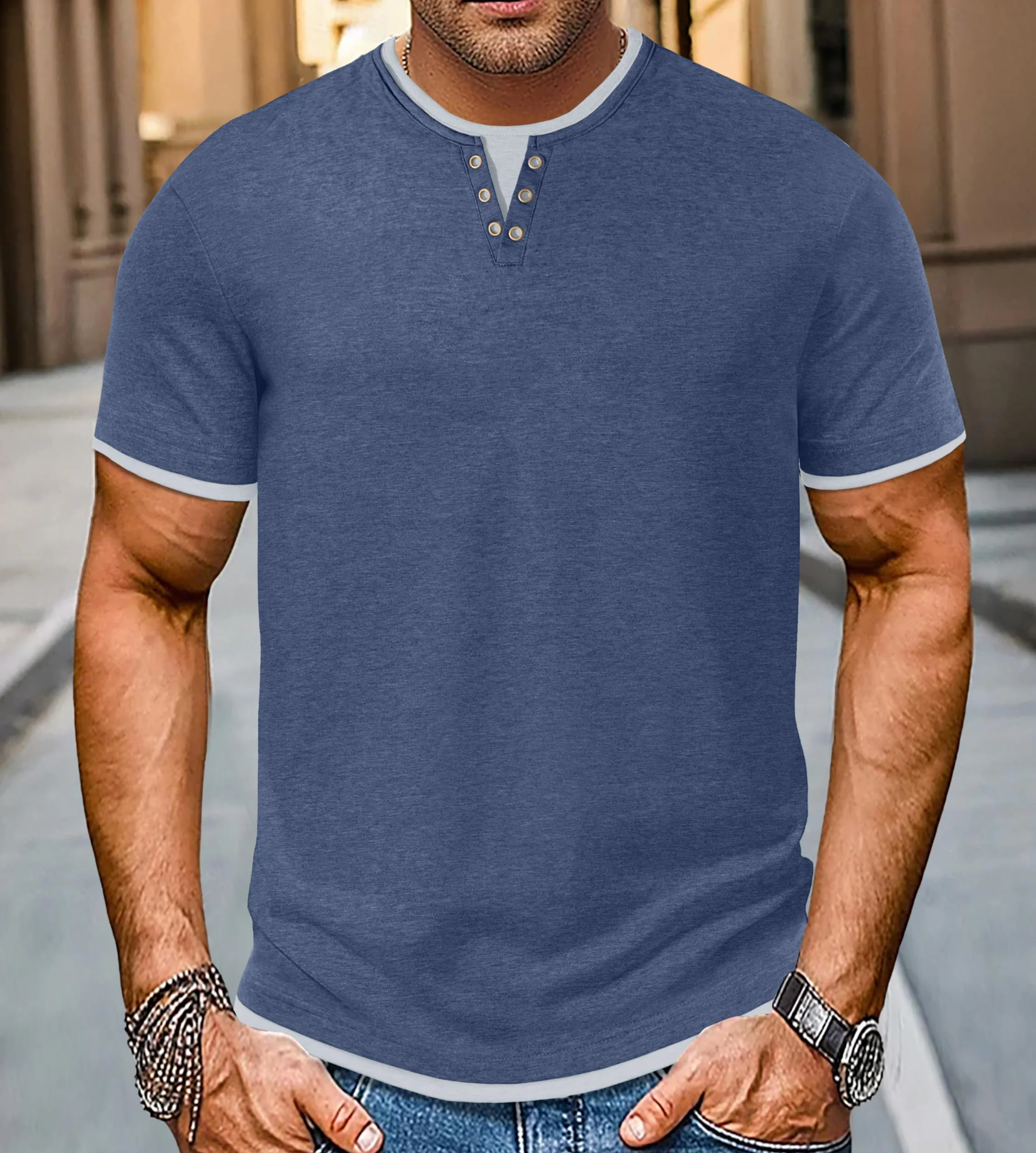 Camiseta Hombre Manga Corta Cuello Redondo Bloques Color