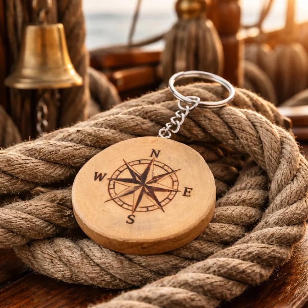 Promotech Llavero de madera con brújula grabado láser regalo viaje orientación aventura