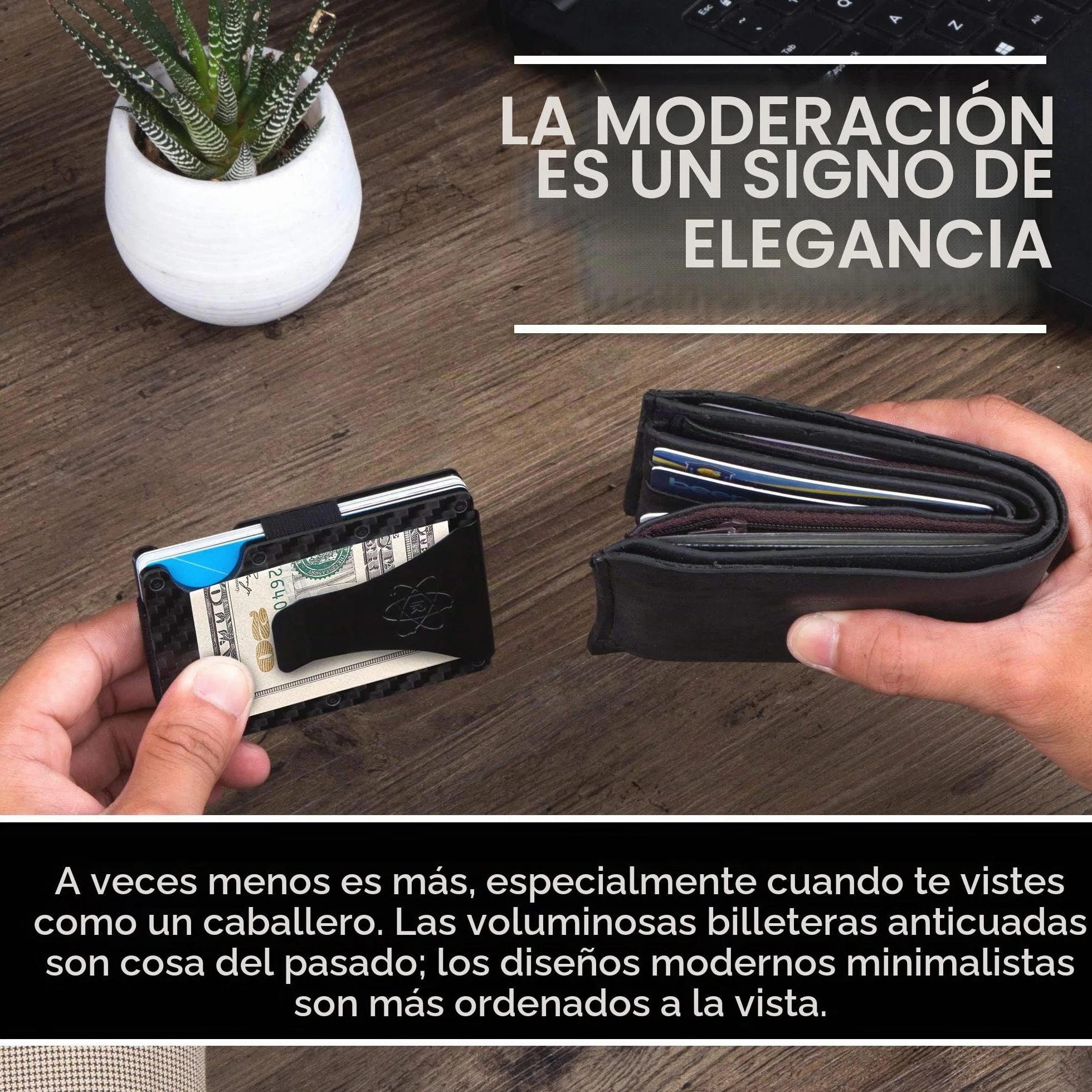 ROSSM Tarjetero Hombre Bloqueo RFID Cartera Minimalista Carbono Metalica Pinza Banda Elástica