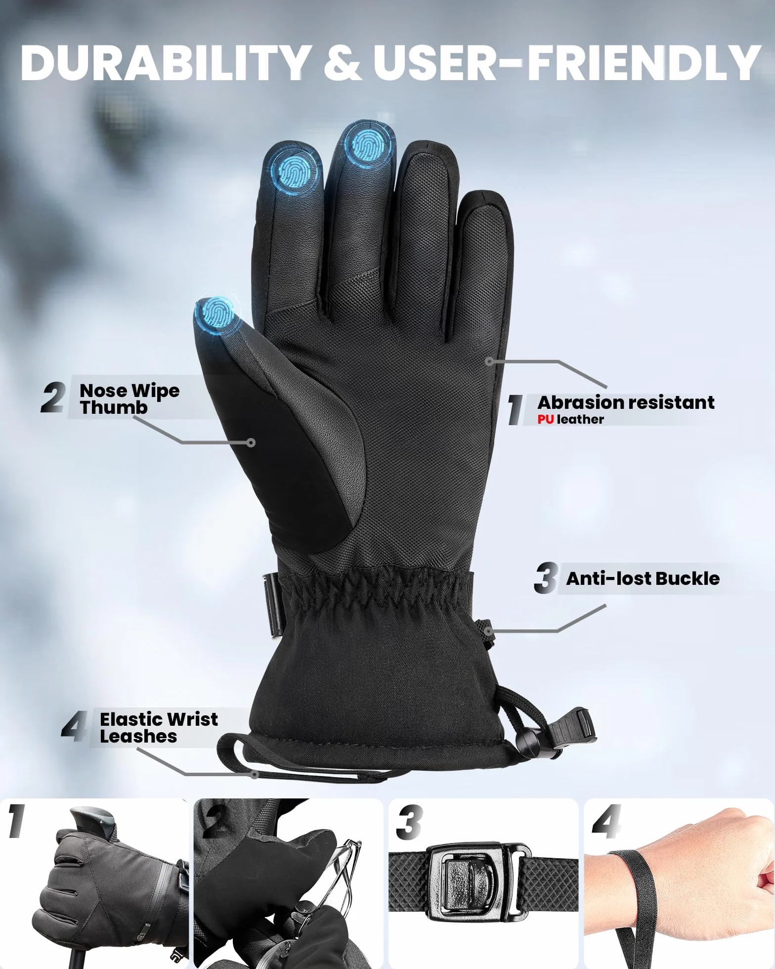 OutdoorMaster 3M Thinsulate - Guantes de Nieve para Mujer y Hombre, Guantes de Snowboard cálidos para Invierno, Impermeables, térmicos con Doble Bolsillo para esquí, Snowboard, Deportes de Invierno
