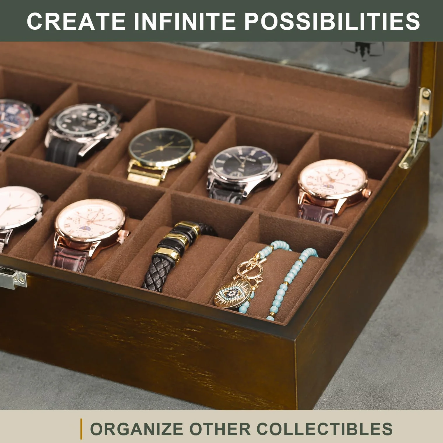 Caja de Relojes de Madera con 12 Ranuras, Estuche Relojero Organizador con Tapa de Cristal y Cojín Extraíble