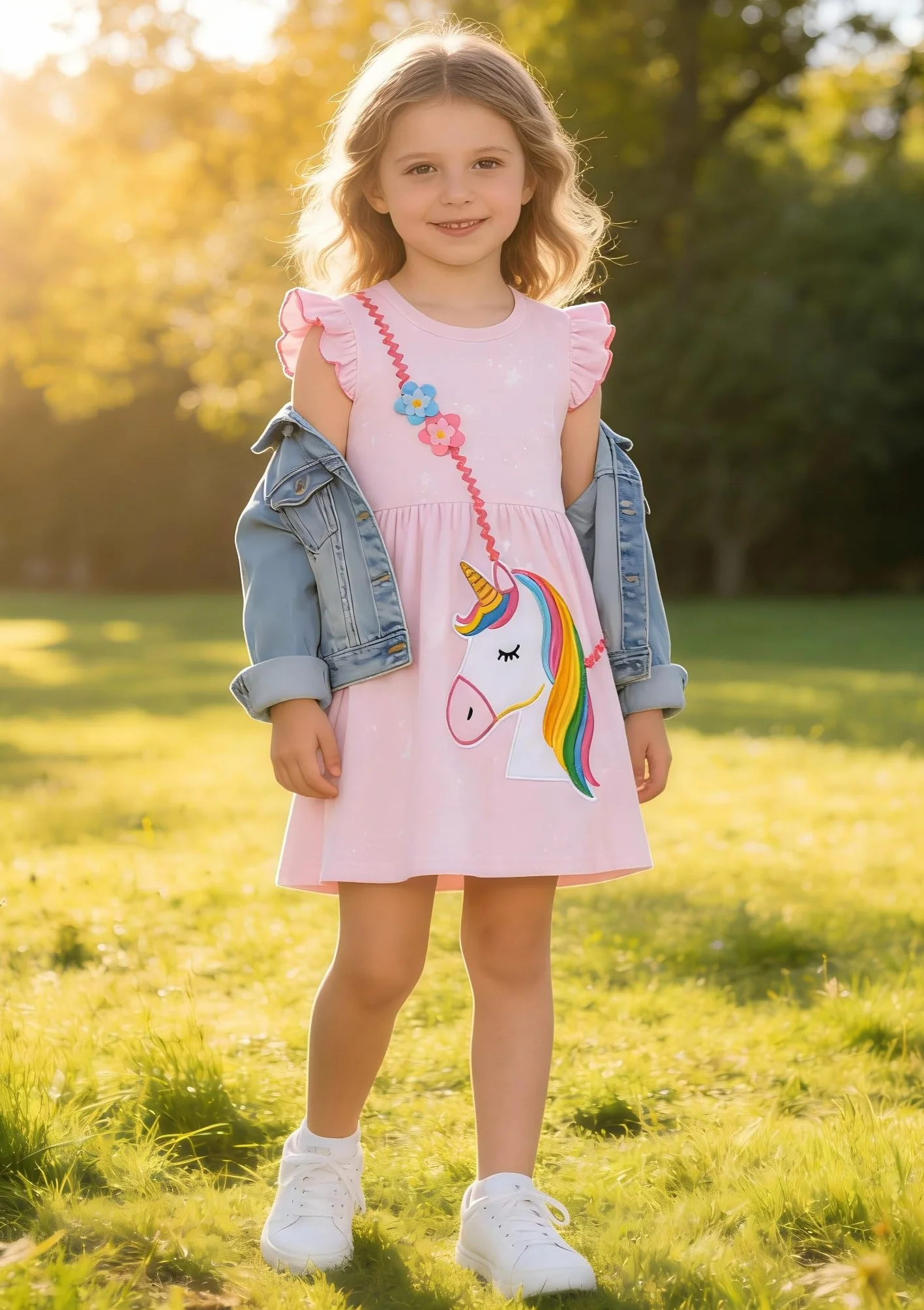 Vestido Niña Unicornio Manga Algodón Flores Verano Casual 2-8 Años