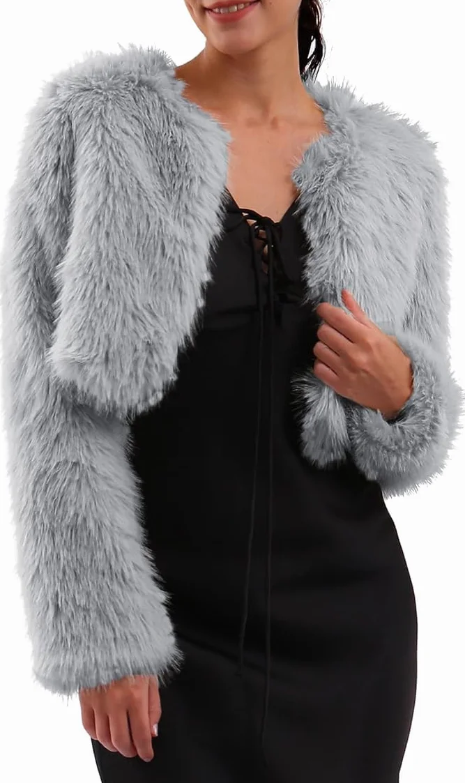Amazhiyu Abrigo de piel sintética para mujer, chaqueta corta de manga larga, cuello, invierno