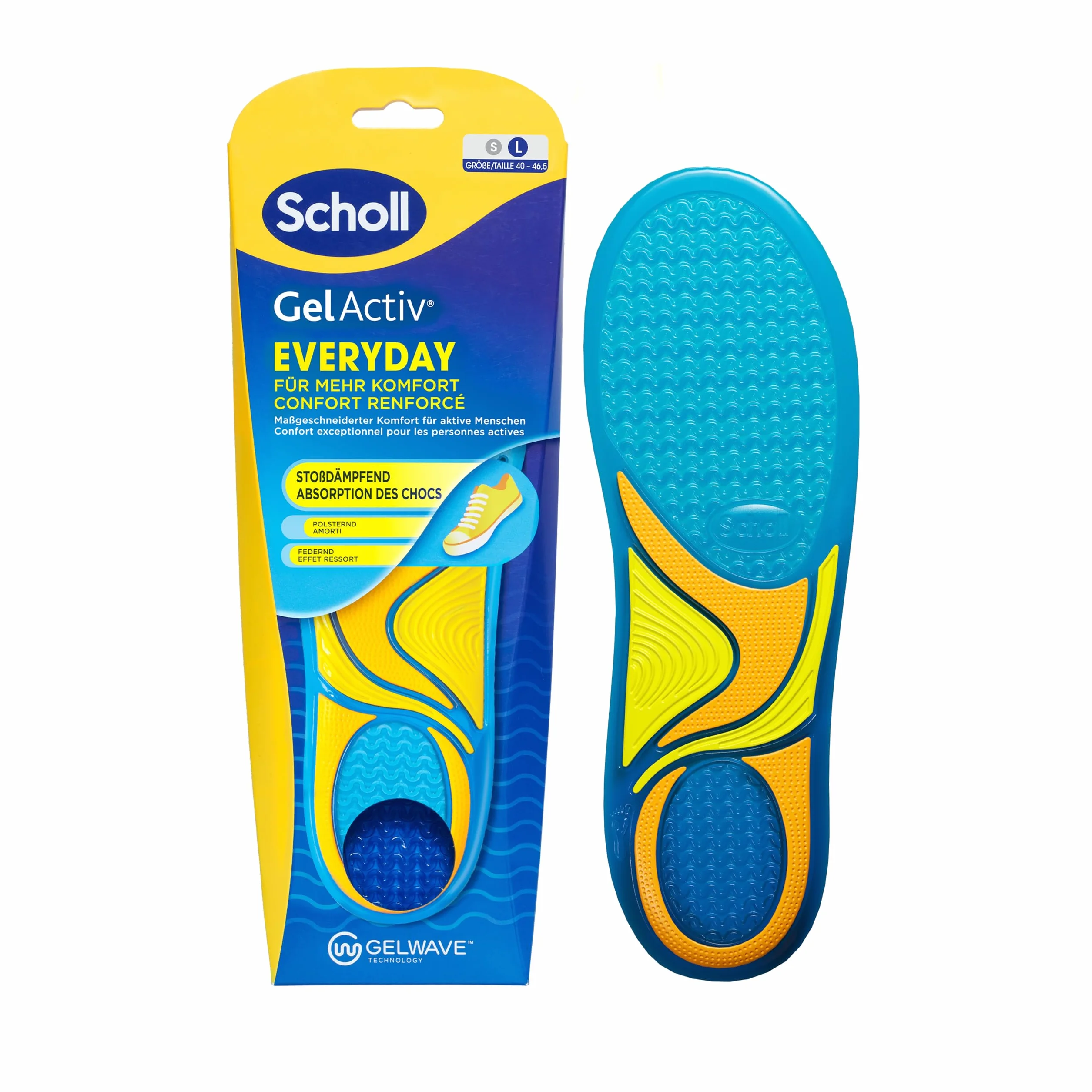 Scholl GelActiv Plantillas Everyday para hombres, talla 40, amortiguación de espuma viscoelástica y tecnología GelWave