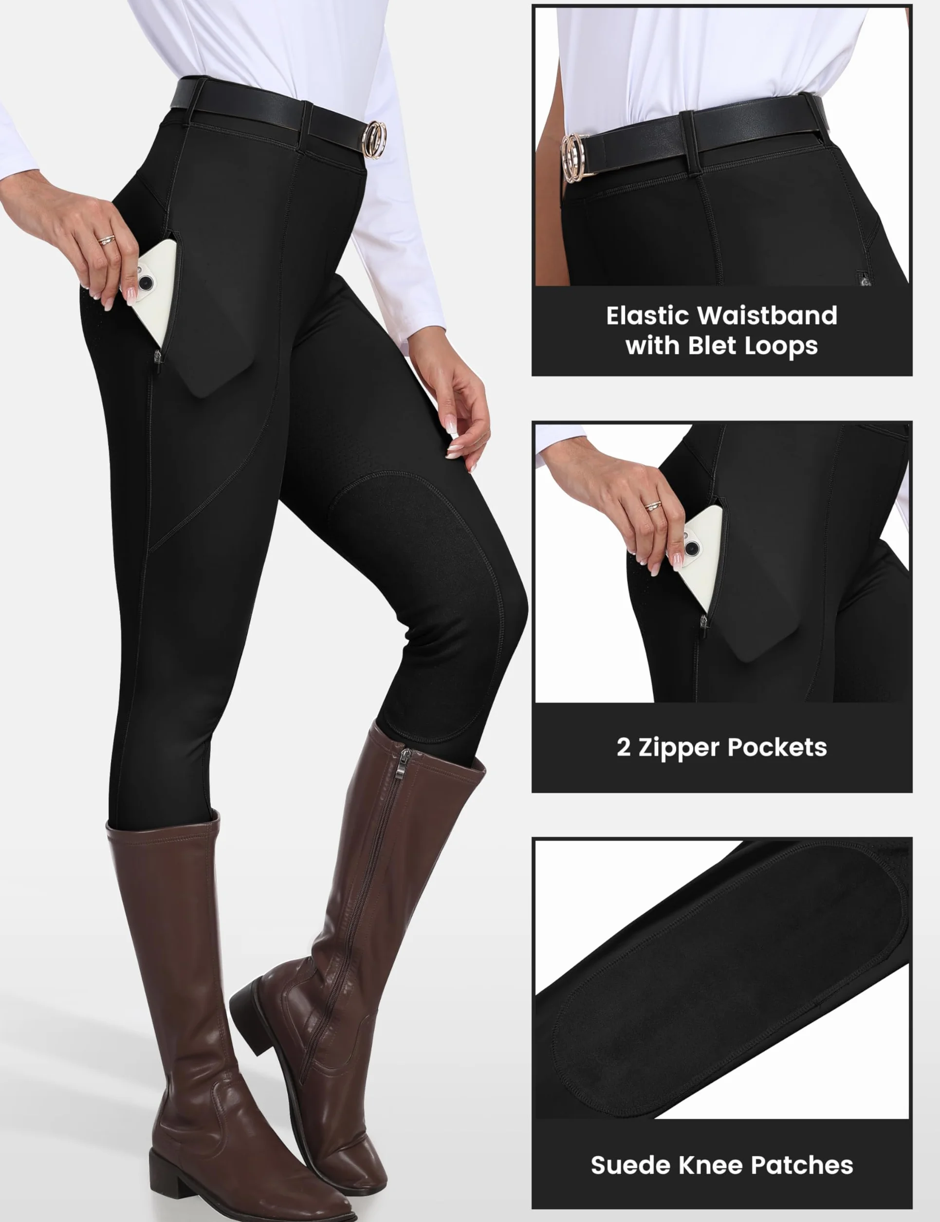 MoFiz Pantalon Mujer Riding Breeches Full Silicone Trim Stretch Zipper Pocket