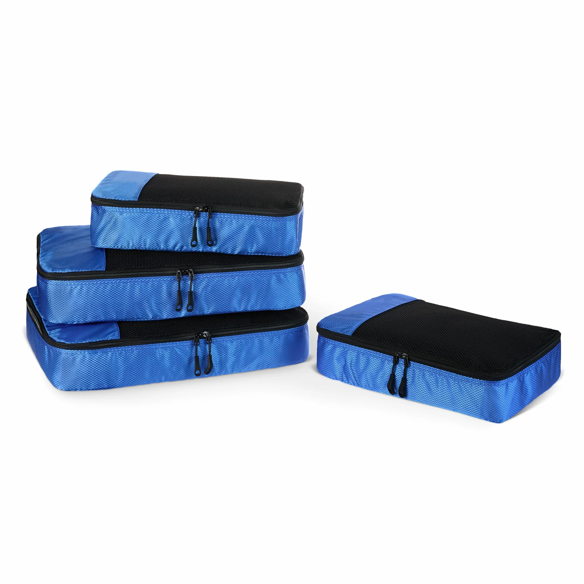 Amazon Essentials Juego de 4 Cubos para Viaje, Organizador de Equipaje con Doble Cremallera, Poliéster, 2 Mediano/2 Grande, Azul