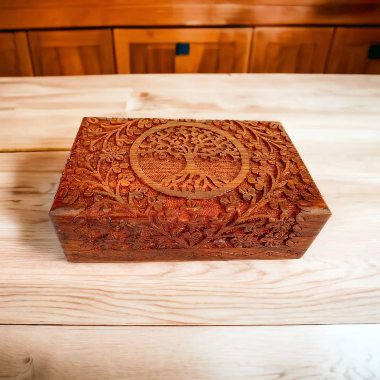 Cofre del Tesoro Decorativo de Madera Tallada a mano con Patrón de árbol de la Vida, Almacenamiento de Joyas, Caja de Reloj, 8 x 5 pulgadas