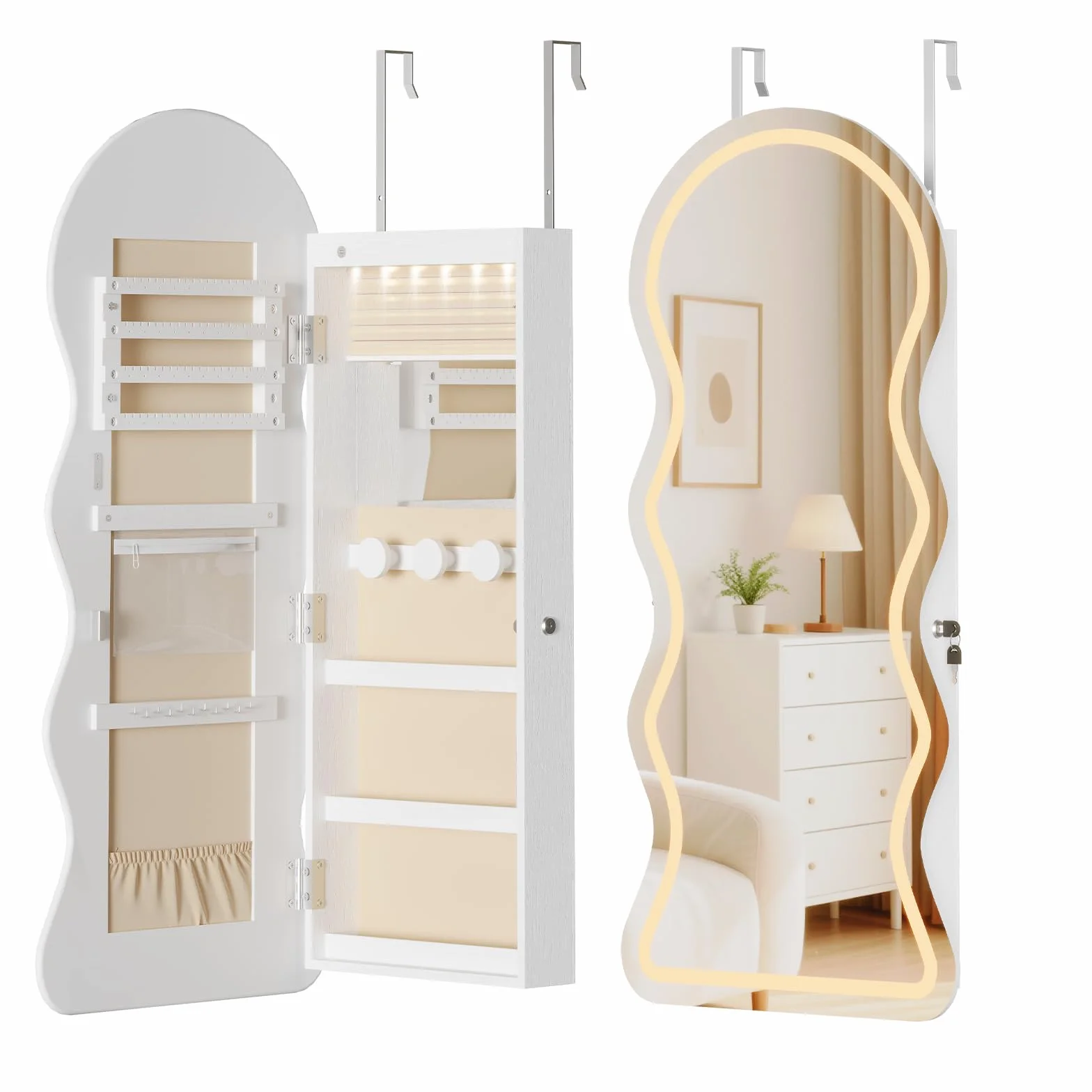 HOOBRO Armario Joyero de Pared con Iluminación LED y Espejo, Cerradura, Puerta Abatible, Blanco EWT08CDJC04