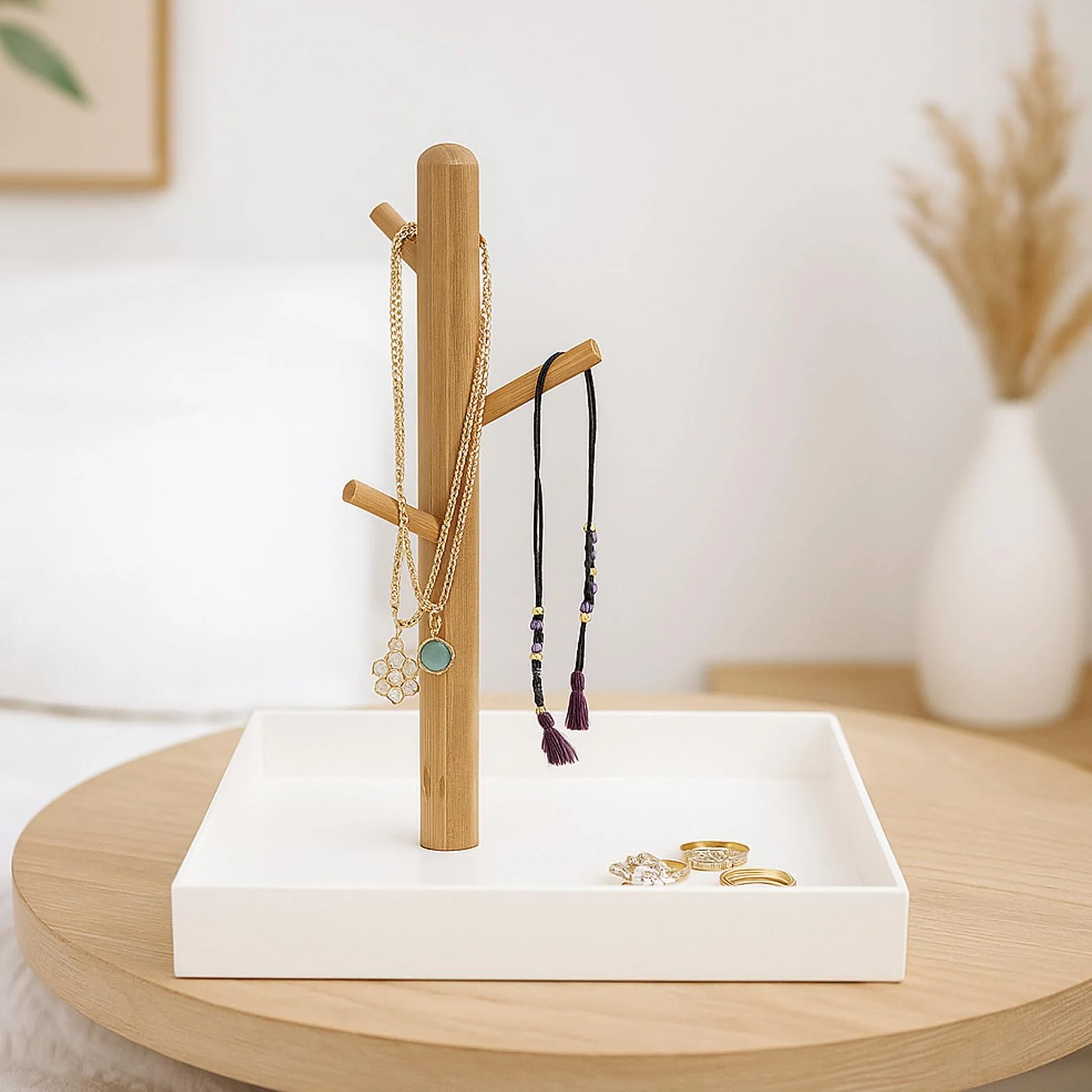 APOMOONS Bandeja para llaves con 3 niveles, soporte para joyas de madera Bandejas para joyas Almacenamiento de llaves para mesa de entrada para tocador de maquillaje Baño Salón (20 x 20 x 18,7 cm)