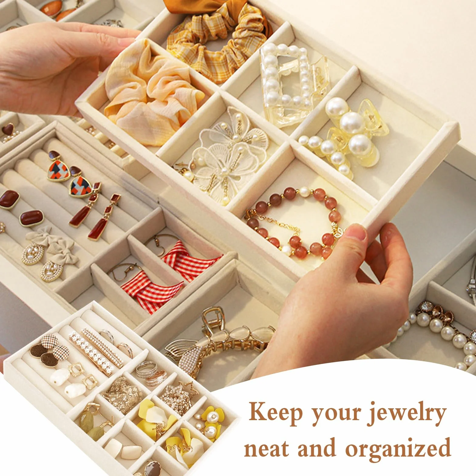 SUKARNE 6 bandejas para joyas, terciopelo para cajones, organizador de joyas apilable, cajón de almacenamiento para pendientes, anillos, pulseras, broches, collares (beige)