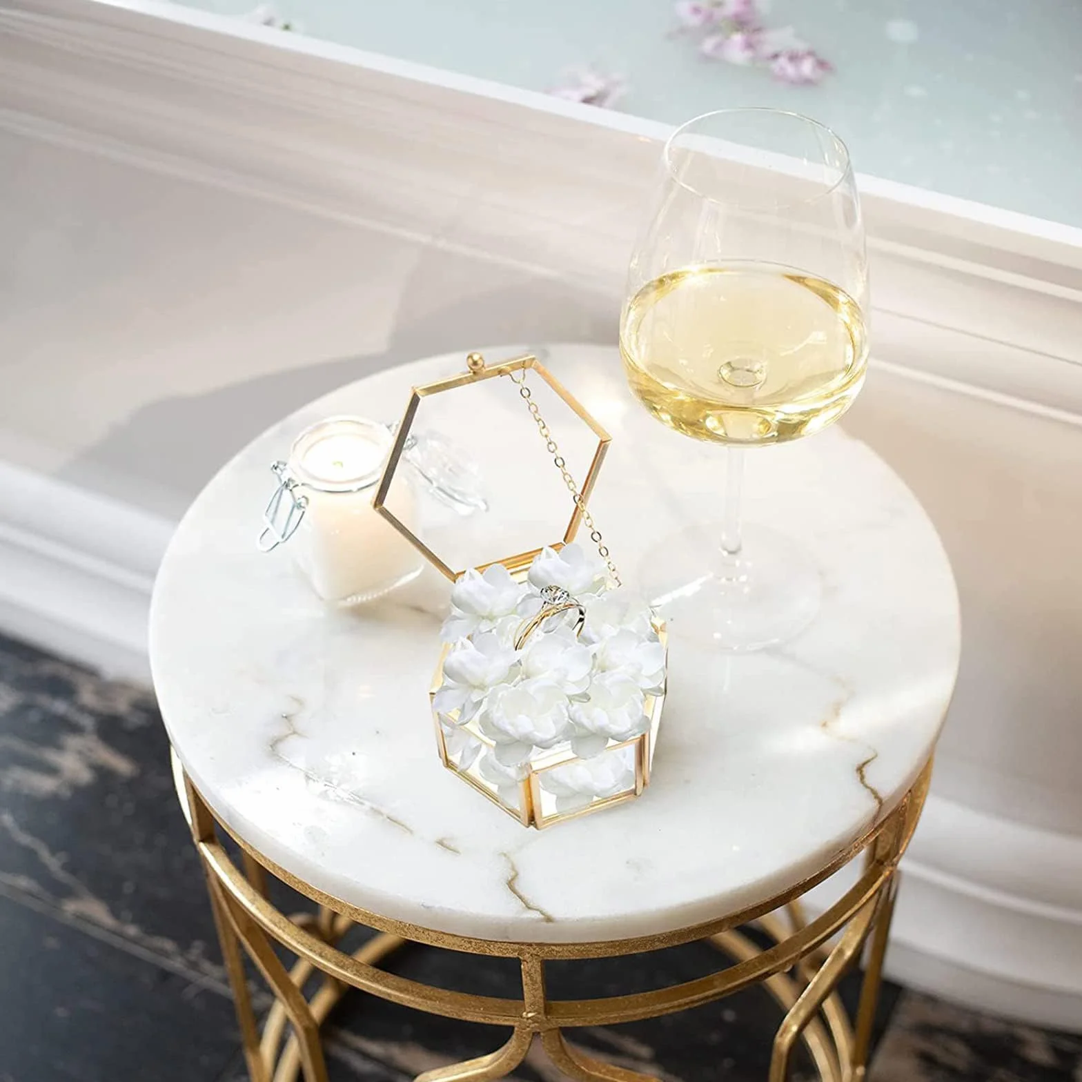 Joyero Geométrico de Cristal Dorado, Caja de Anillo de Vidrio Pequeña para Exhibir Joyas y Flores