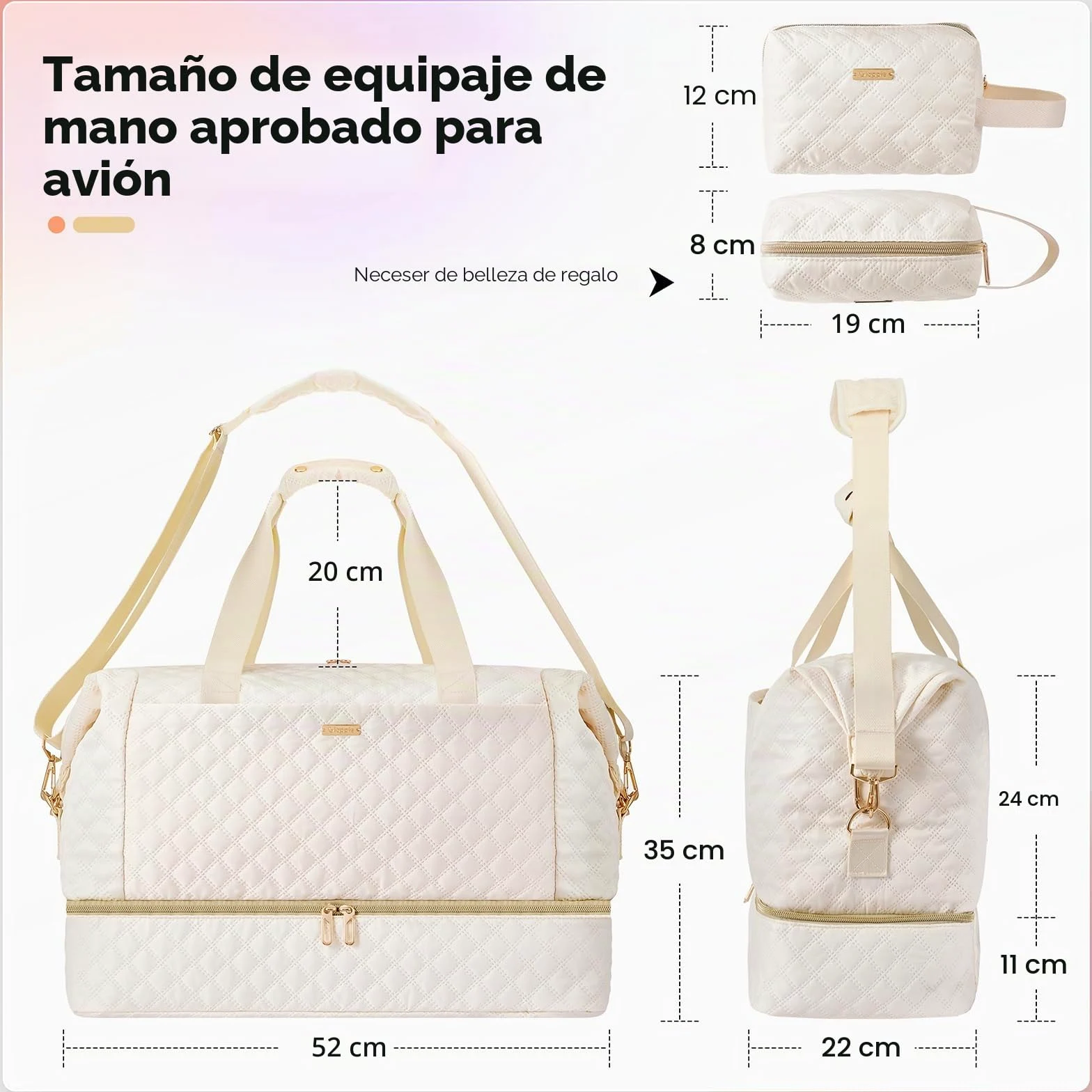 Gloppie 39L Bolsa de Viaje Grande Mujer, Bolsa Deportiva con Neceser, Ligera Bolsa Maternidad Hospital con Compartimento para Zapatos, Transporte Equipaje Yoga Deporte Gimnasio, Beige