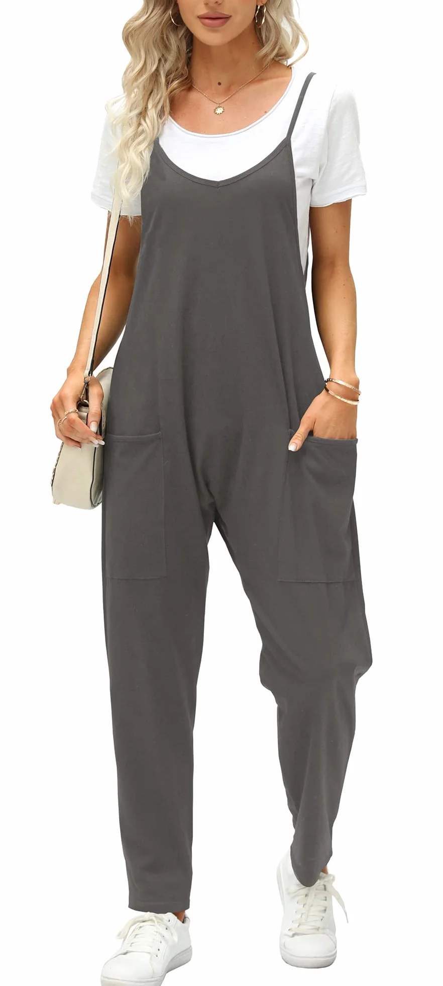 Ebifin Peto para mujer, pantalones de trabajo, mono suelto sin mangas con bolsillos grandes