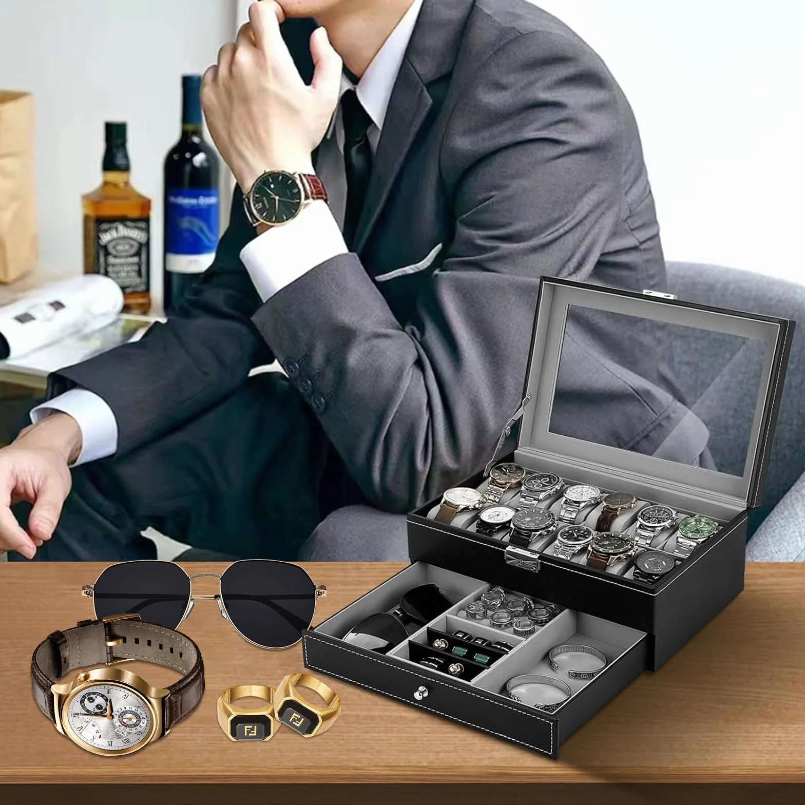 Caja de almacenamiento para relojes con tapa de cristal