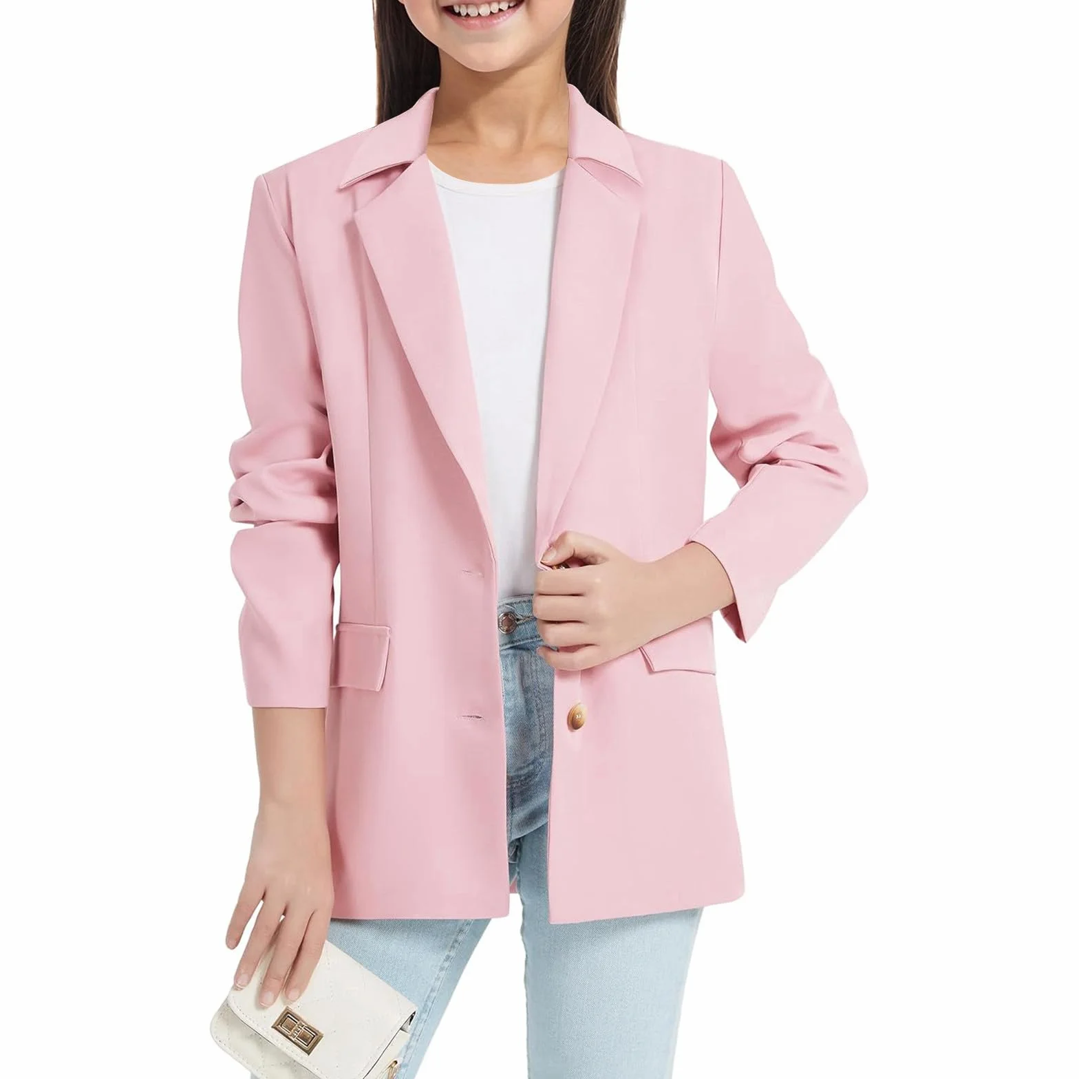 Blazer Casual Niñas Manga Larga Cuello Solapa Bolsillo Interior Frente Abierto
